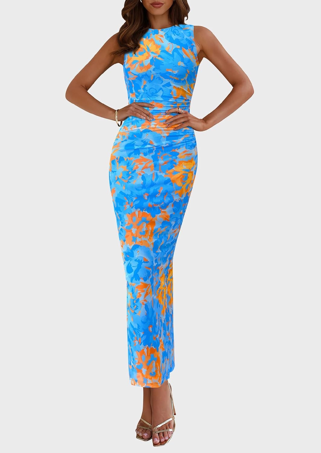 image:imagePRETTYGARDEN Womens Summer Formal Floral Maxi Dress Sleeveless Ruched Bodycon Mesh Long Dresses Elegant Spring Dress for Wedding Guest Bridal Shower Cocktail Party VacationFloral Blue