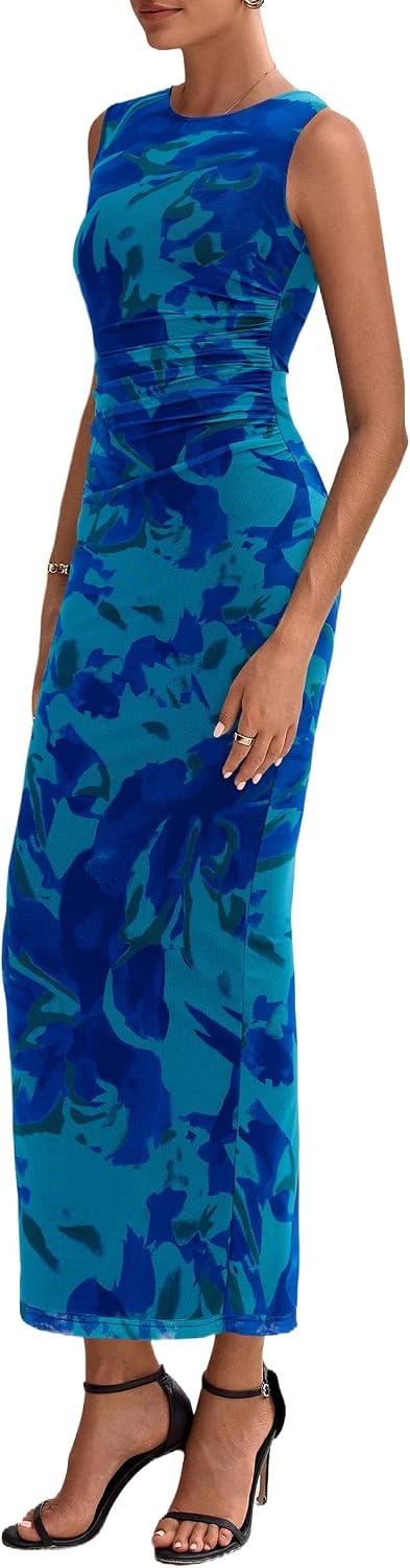 image:imagePRETTYGARDEN Womens Summer Formal Floral Maxi Dress Sleeveless Ruched Bodycon Mesh Long Dresses Elegant Spring Dress for Wedding Guest Bridal Shower Cocktail Party VacationGreen Blue Flower