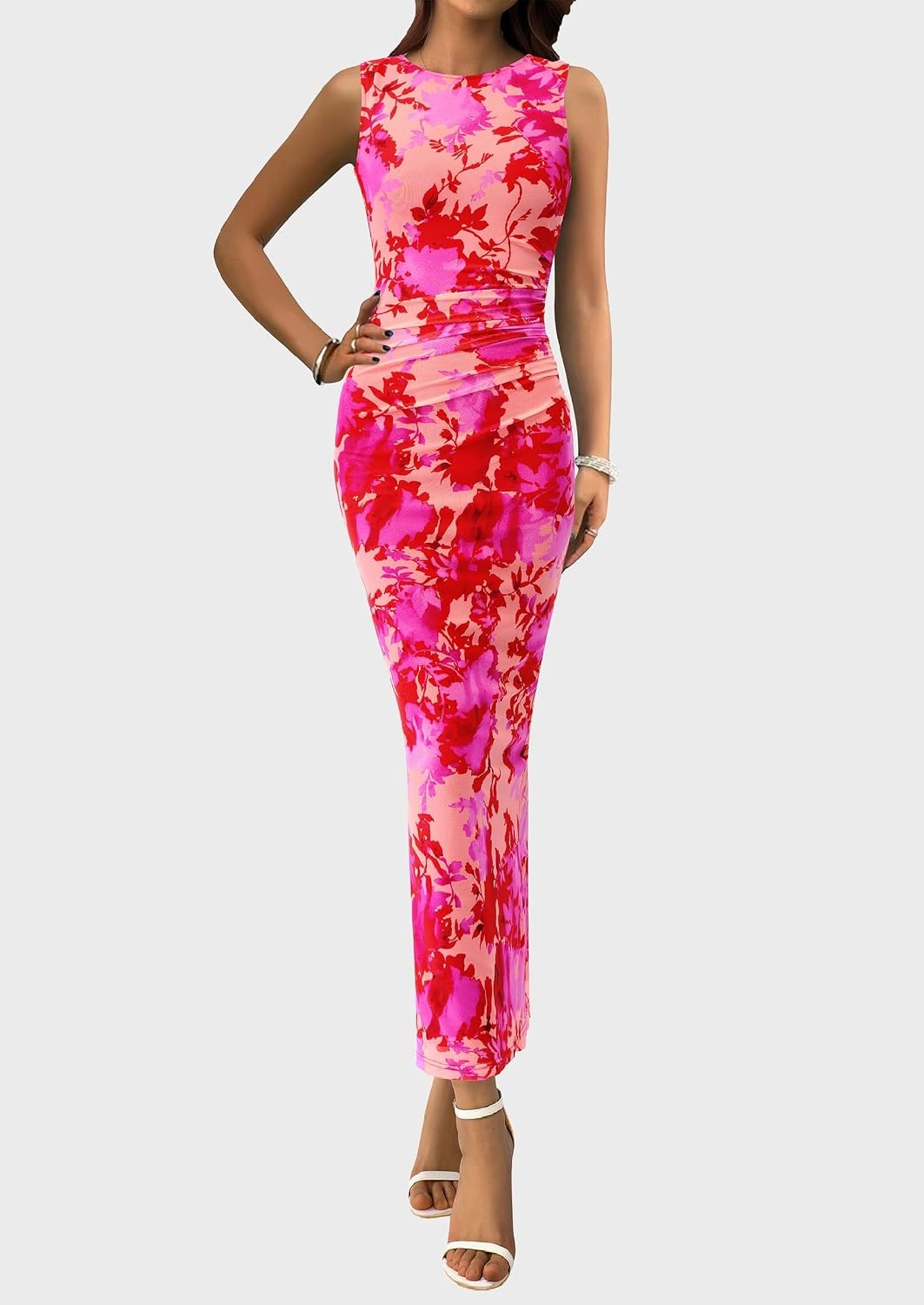 image:imagePRETTYGARDEN Womens Summer Formal Floral Maxi Dress Sleeveless Ruched Bodycon Mesh Long Dresses Elegant Spring Dress for Wedding Guest Bridal Shower Cocktail Party VacationPink Floral