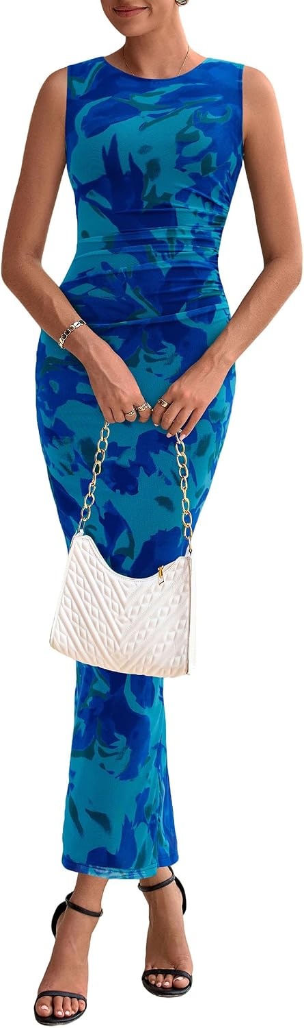 image:imagePRETTYGARDEN Womens Summer Formal Floral Maxi Dress Sleeveless Ruched Bodycon Mesh Long Dresses Elegant Spring Dress for Wedding Guest Bridal Shower Cocktail Party VacationGreen Blue Flower
