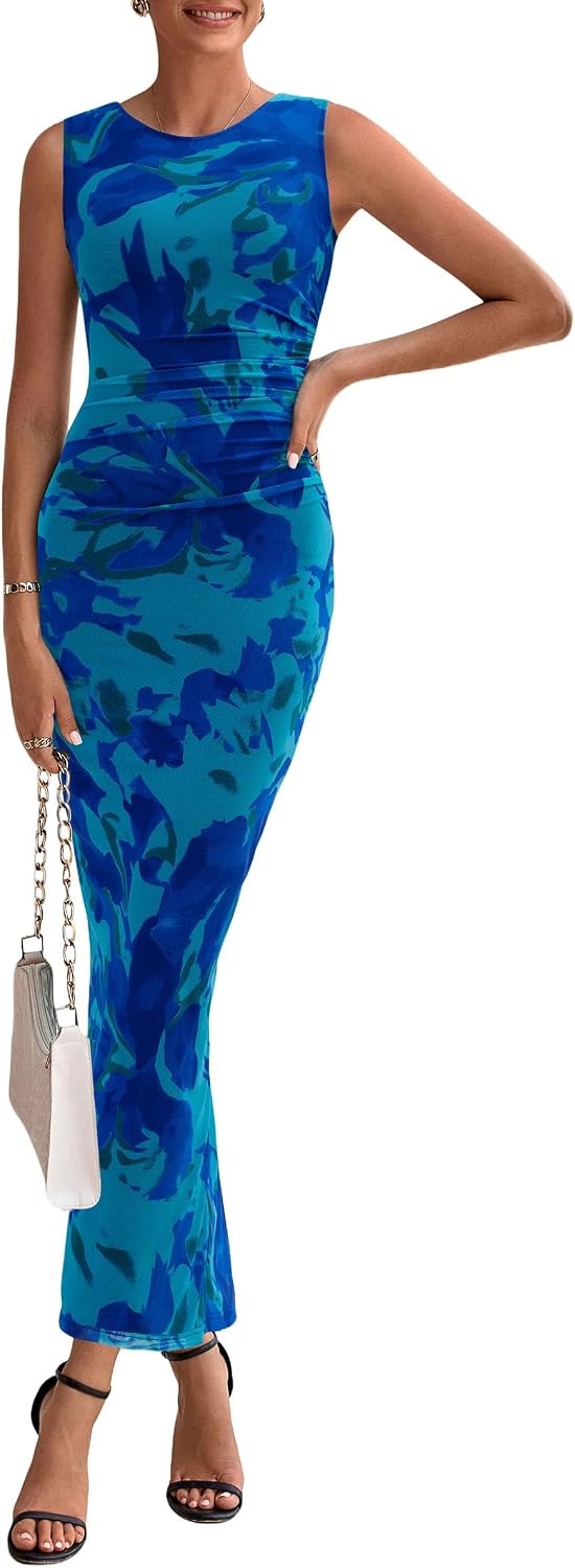 image:imagePRETTYGARDEN Womens Summer Formal Floral Maxi Dress Sleeveless Ruched Bodycon Mesh Long Dresses Elegant Spring Dress for Wedding Guest Bridal Shower Cocktail Party VacationGreen Blue Flower