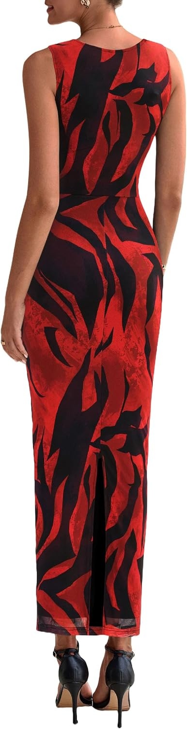 image:imagePRETTYGARDEN Womens Summer Formal Floral Maxi Dress Sleeveless Ruched Bodycon Mesh Long Dresses Elegant Spring Dress for Wedding Guest Bridal Shower Cocktail Party VacationBlack Red Flower