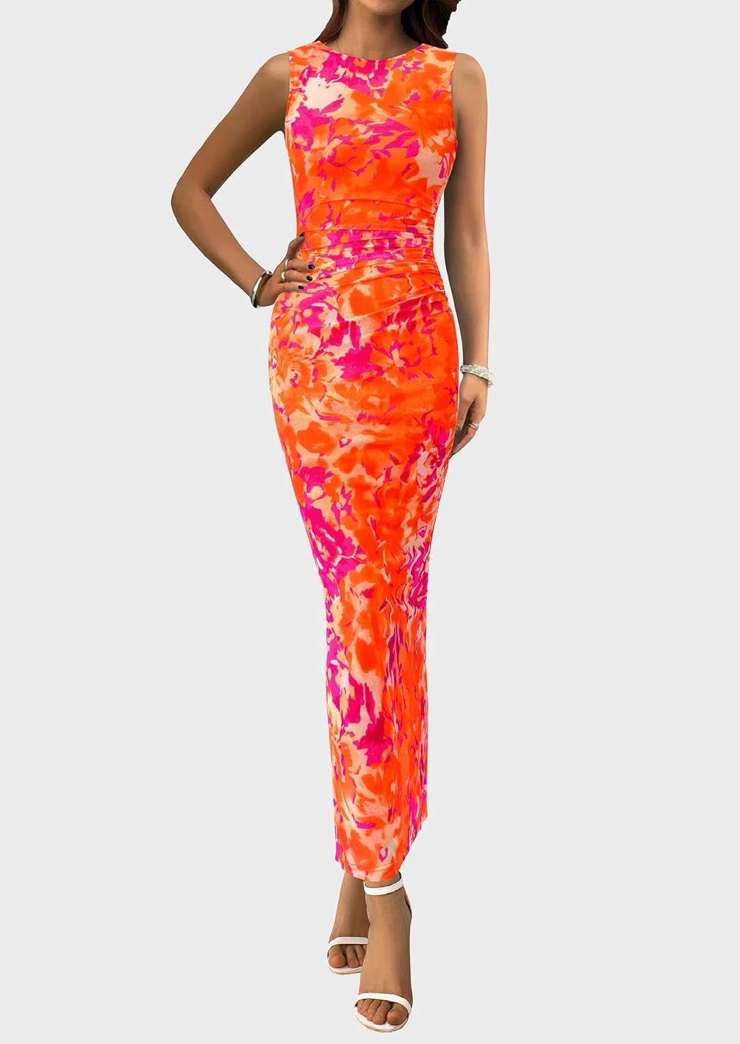 image:imagePRETTYGARDEN Womens Summer Formal Floral Maxi Dress Sleeveless Ruched Bodycon Mesh Long Dresses Elegant Spring Dress for Wedding Guest Bridal Shower Cocktail Party VacationFloral Orange