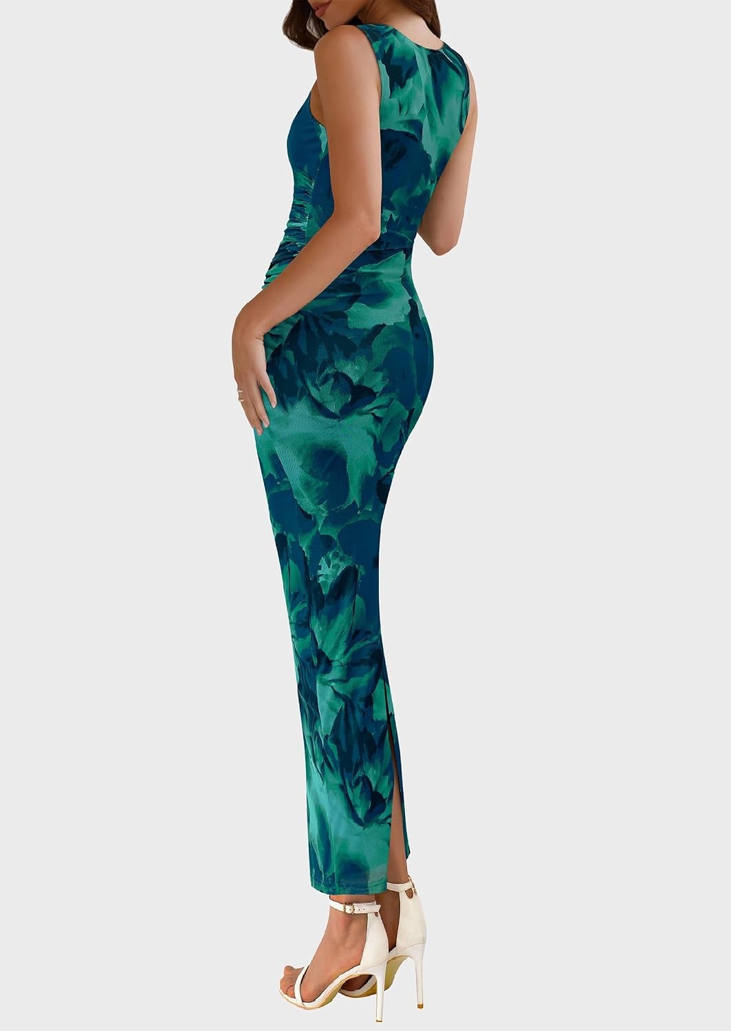 image:imagePRETTYGARDEN Womens Summer Formal Floral Maxi Dress Sleeveless Ruched Bodycon Mesh Long Dresses Elegant Spring Dress for Wedding Guest Bridal Shower Cocktail Party VacationLake Blue Floral