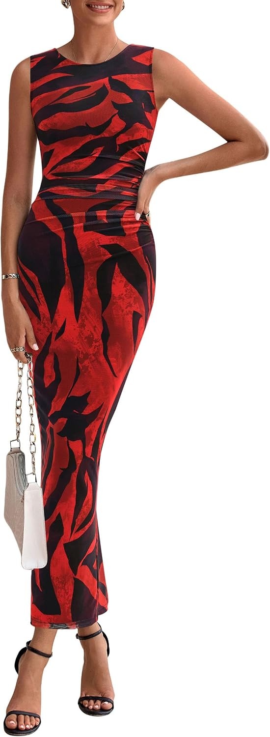 image:imagePRETTYGARDEN Womens Summer Formal Floral Maxi Dress Sleeveless Ruched Bodycon Mesh Long Dresses Elegant Spring Dress for Wedding Guest Bridal Shower Cocktail Party VacationBlack Red Flower