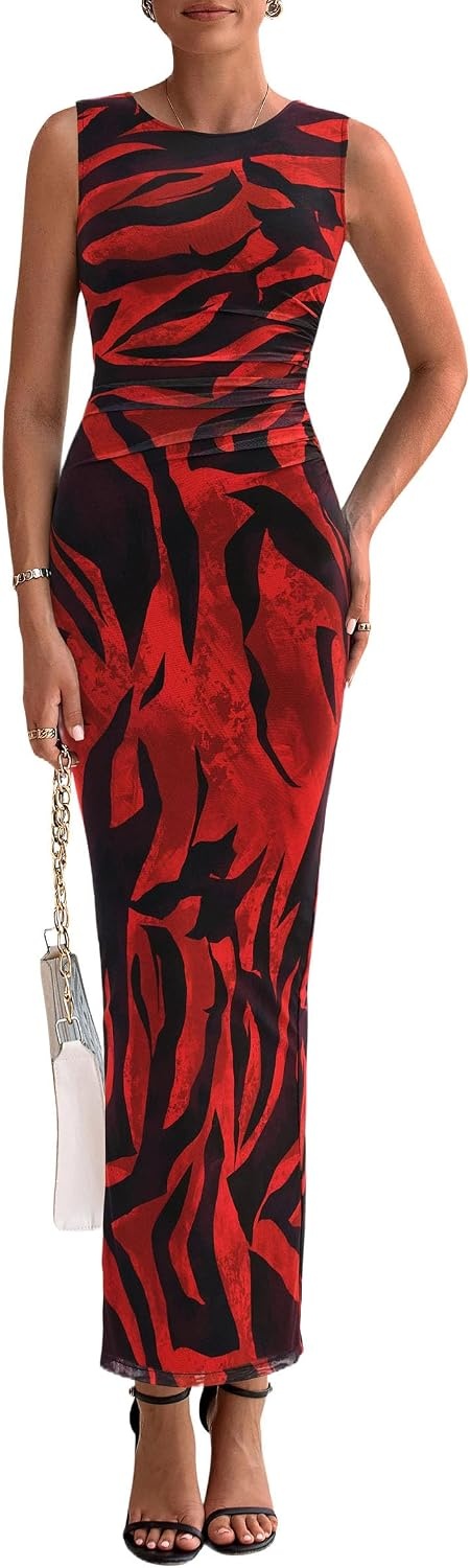 image:imagePRETTYGARDEN Womens Summer Formal Floral Maxi Dress Sleeveless Ruched Bodycon Mesh Long Dresses Elegant Spring Dress for Wedding Guest Bridal Shower Cocktail Party VacationBlack Red Flower