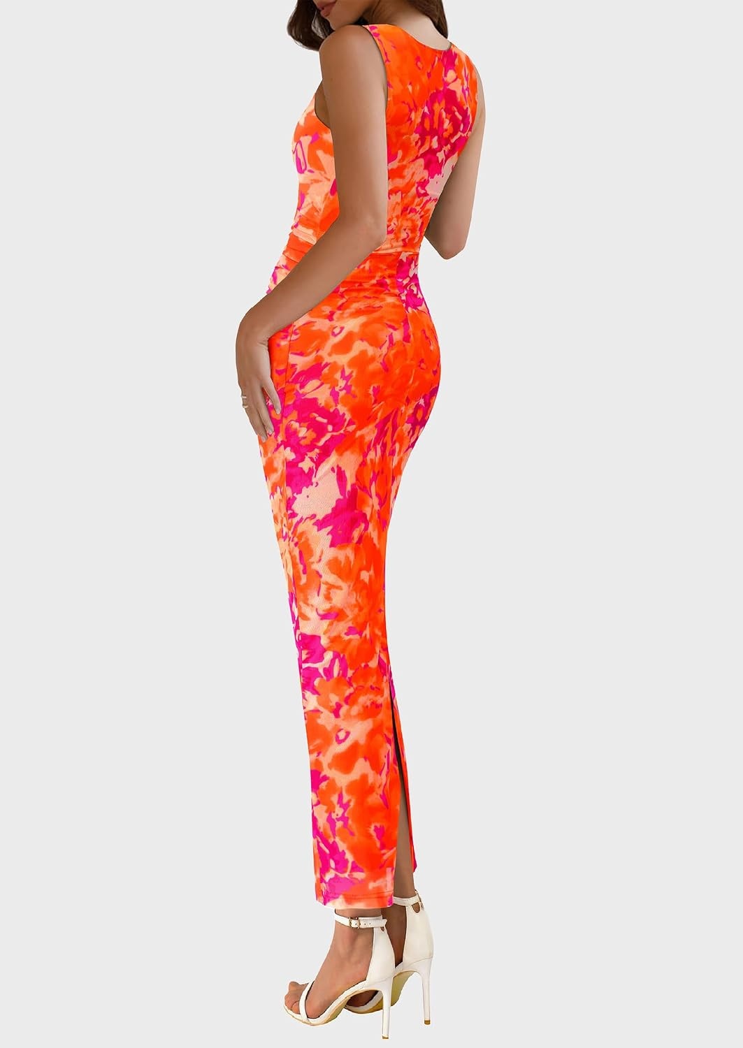 image:imagePRETTYGARDEN Womens Summer Formal Floral Maxi Dress Sleeveless Ruched Bodycon Mesh Long Dresses Elegant Spring Dress for Wedding Guest Bridal Shower Cocktail Party VacationFloral Orange