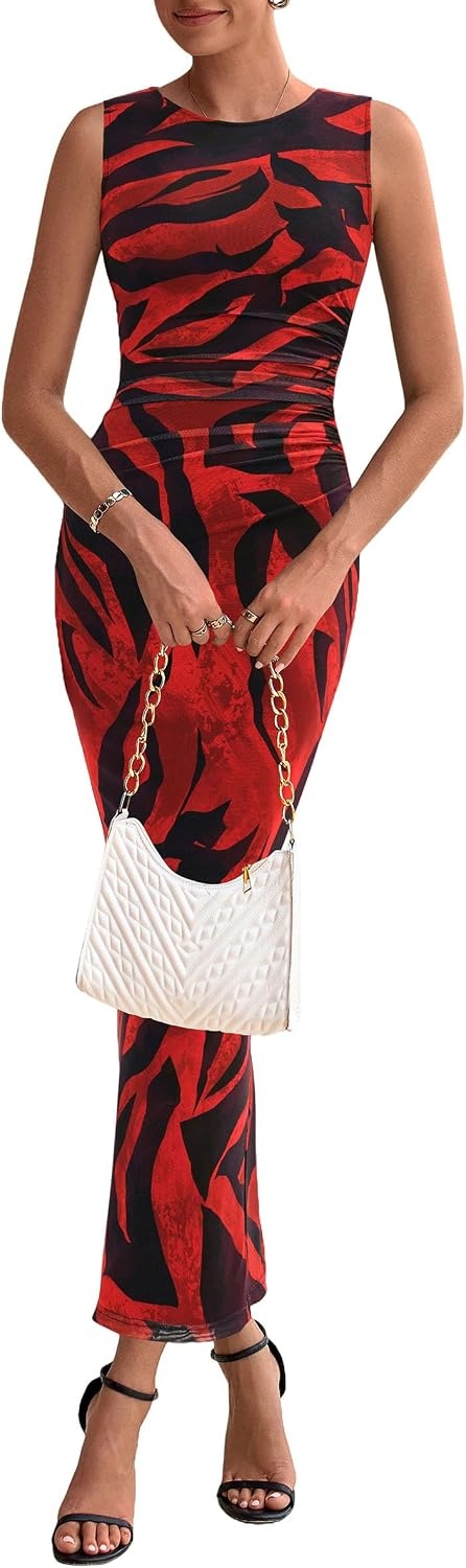 image:imagePRETTYGARDEN Womens Summer Formal Floral Maxi Dress Sleeveless Ruched Bodycon Mesh Long Dresses Elegant Spring Dress for Wedding Guest Bridal Shower Cocktail Party VacationBlack Red Flower