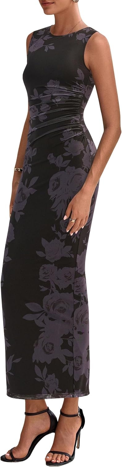 image:imagePRETTYGARDEN Womens Summer Formal Floral Maxi Dress Sleeveless Ruched Bodycon Mesh Long Dresses Elegant Spring Dress for Wedding Guest Bridal Shower Cocktail Party VacationFloral Black