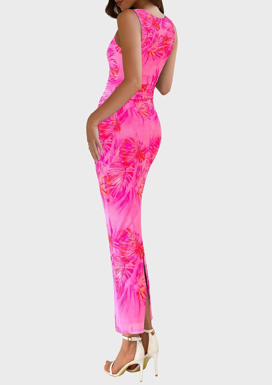 image:imagePRETTYGARDEN Womens Summer Formal Floral Maxi Dress Sleeveless Ruched Bodycon Mesh Long Dresses Elegant Spring Dress for Wedding Guest Bridal Shower Cocktail Party VacationLeaves Pink