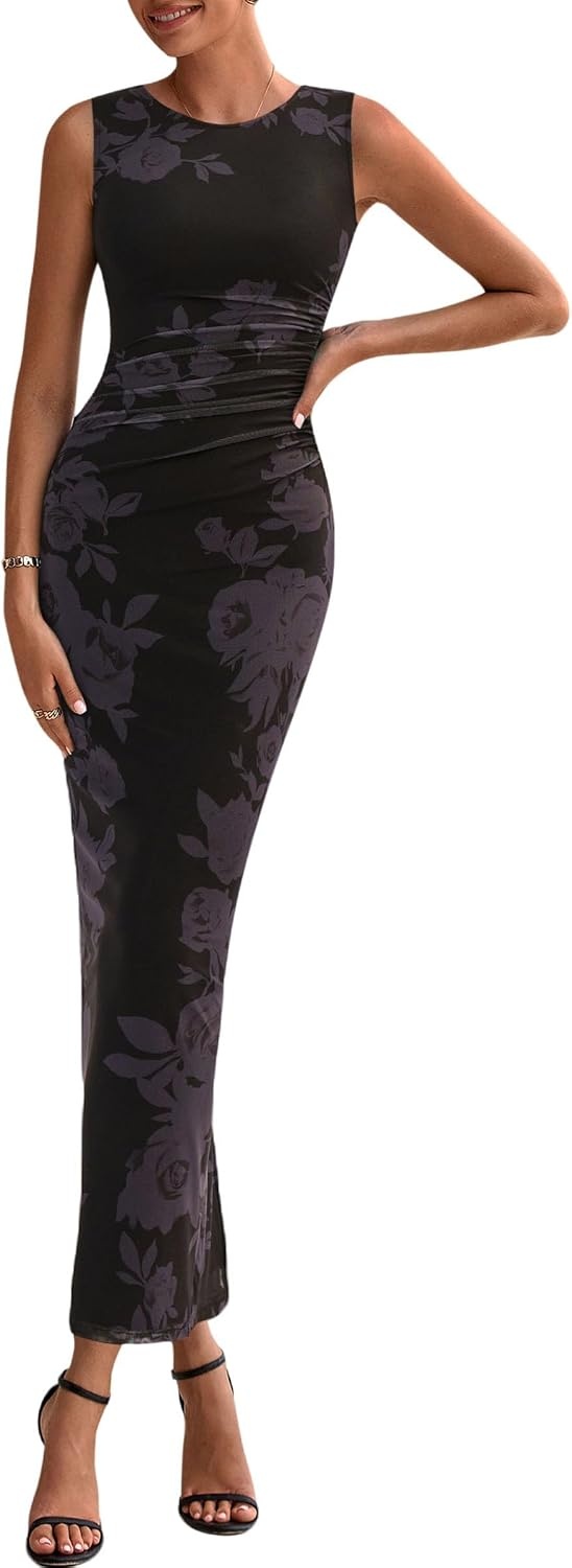 image:imagePRETTYGARDEN Womens Summer Formal Floral Maxi Dress Sleeveless Ruched Bodycon Mesh Long Dresses Elegant Spring Dress for Wedding Guest Bridal Shower Cocktail Party VacationFloral Black