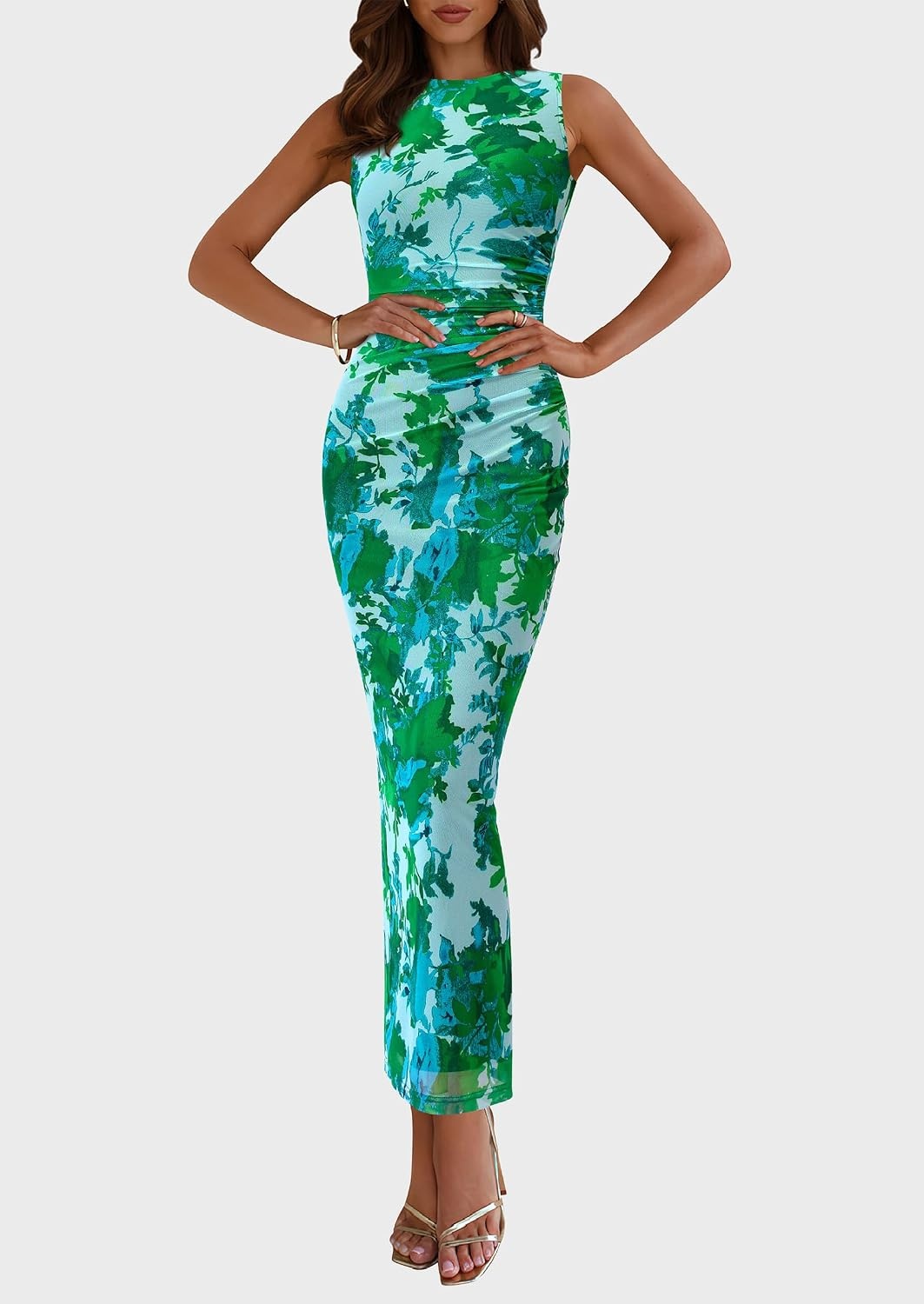 image:imagePRETTYGARDEN Womens Summer Formal Floral Maxi Dress Sleeveless Ruched Bodycon Mesh Long Dresses Elegant Spring Dress for Wedding Guest Bridal Shower Cocktail Party VacationGreen Floral