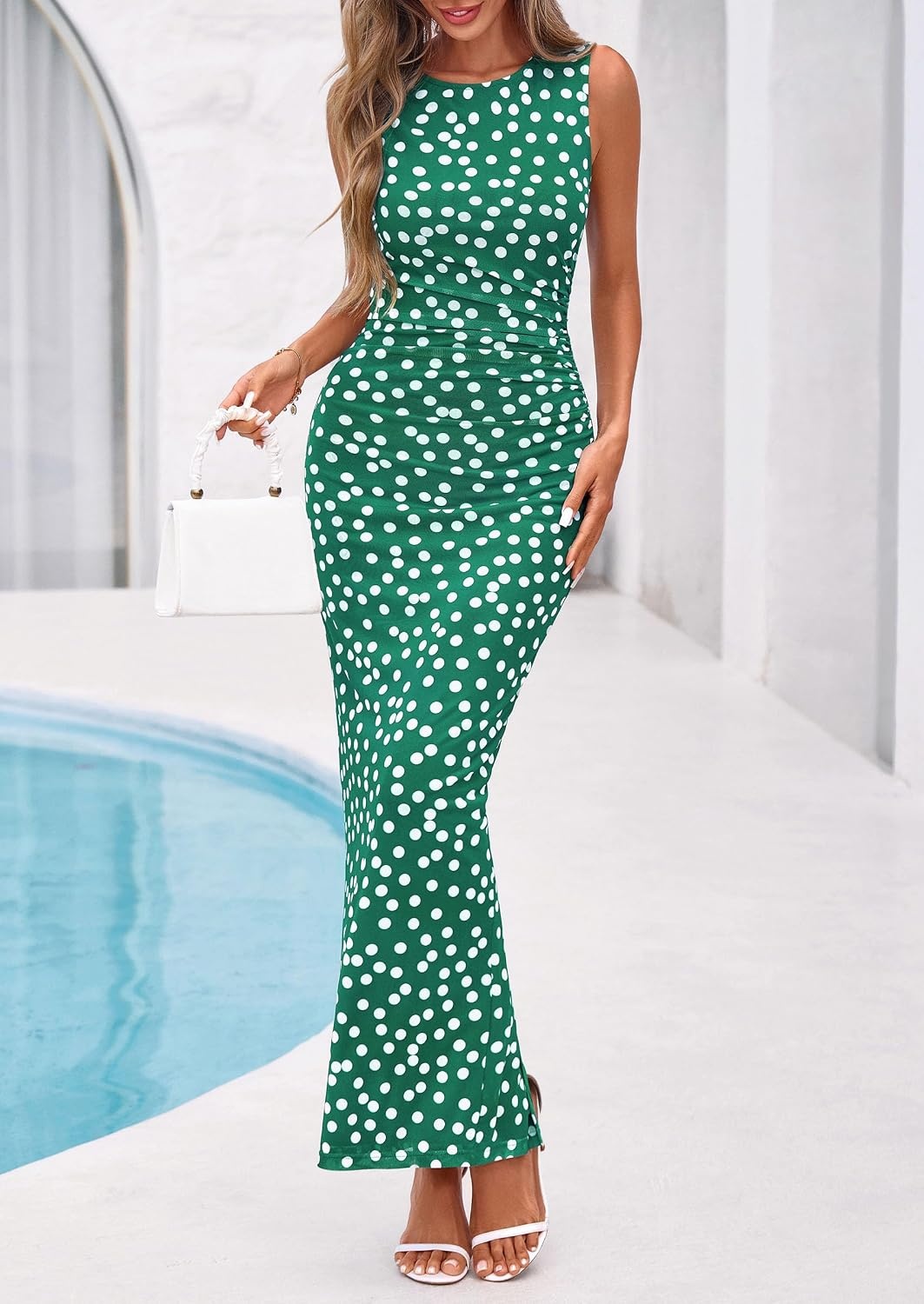 image:imagePRETTYGARDEN Womens Summer Formal Floral Maxi Dress Sleeveless Ruched Bodycon Mesh Long Dresses Elegant Spring Dress for Wedding Guest Bridal Shower Cocktail Party VacationDot Green