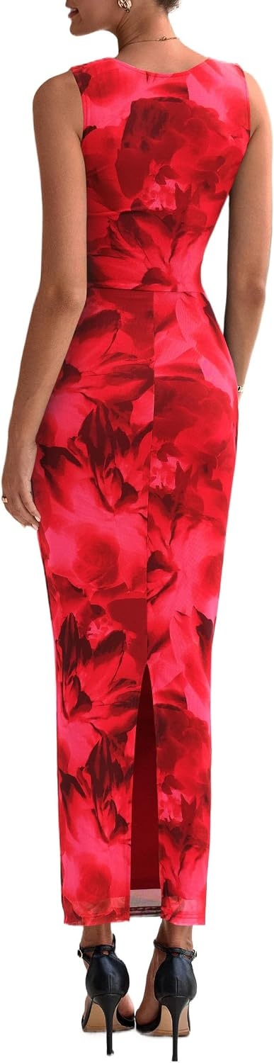 image:imagePRETTYGARDEN Womens Summer Formal Floral Maxi Dress Sleeveless Ruched Bodycon Mesh Long Dresses Elegant Spring Dress for Wedding Guest Bridal Shower Cocktail Party VacationRed Floral