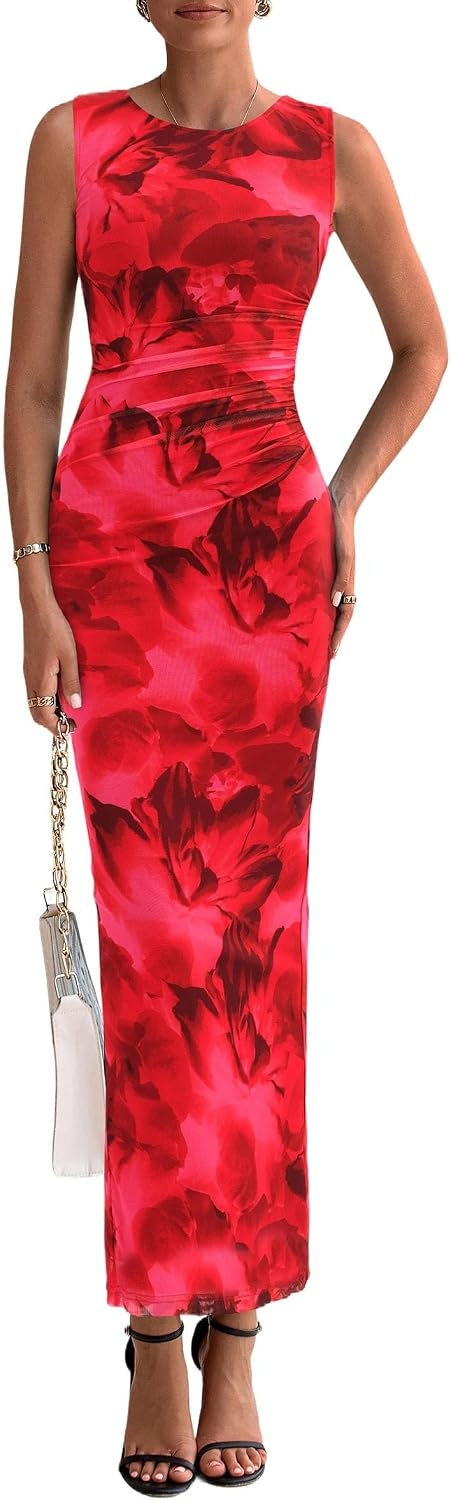 image:imagePRETTYGARDEN Womens Summer Formal Floral Maxi Dress Sleeveless Ruched Bodycon Mesh Long Dresses Elegant Spring Dress for Wedding Guest Bridal Shower Cocktail Party VacationRed Floral
