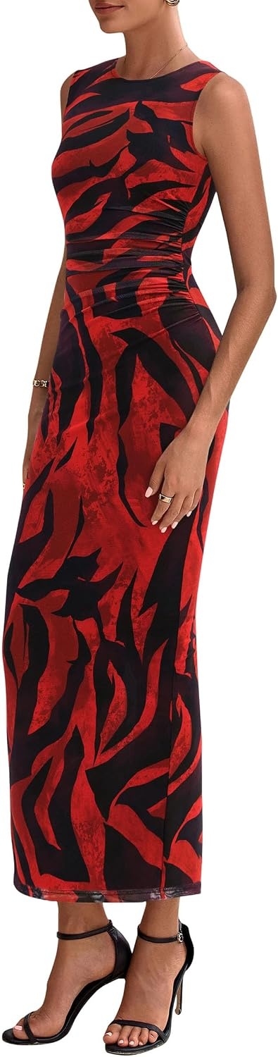 image:imagePRETTYGARDEN Womens Summer Formal Floral Maxi Dress Sleeveless Ruched Bodycon Mesh Long Dresses Elegant Spring Dress for Wedding Guest Bridal Shower Cocktail Party VacationBlack Red Flower