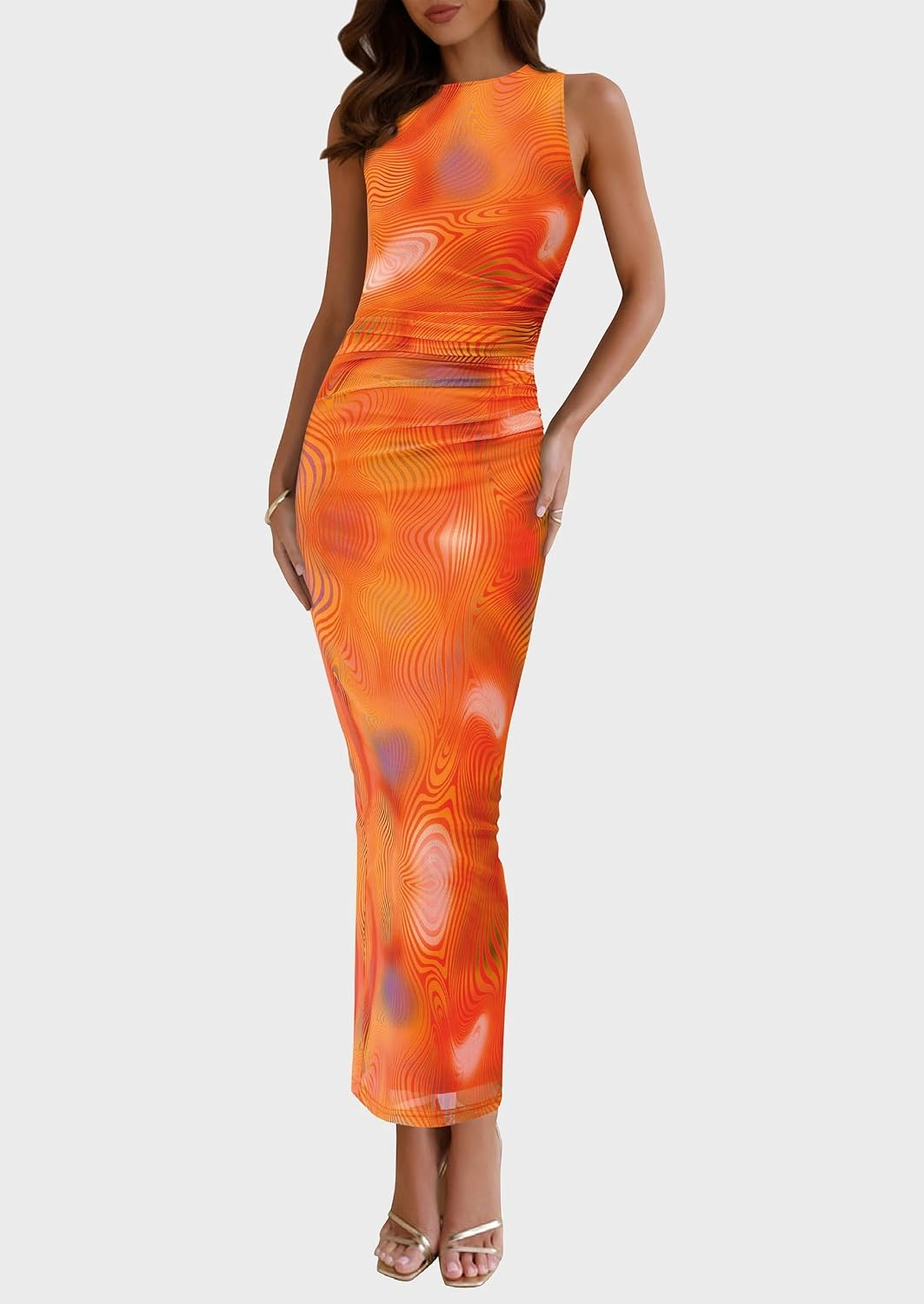 image:imagePRETTYGARDEN Womens Summer Formal Floral Maxi Dress Sleeveless Ruched Bodycon Mesh Long Dresses Elegant Spring Dress for Wedding Guest Bridal Shower Cocktail Party VacationPrint Orange