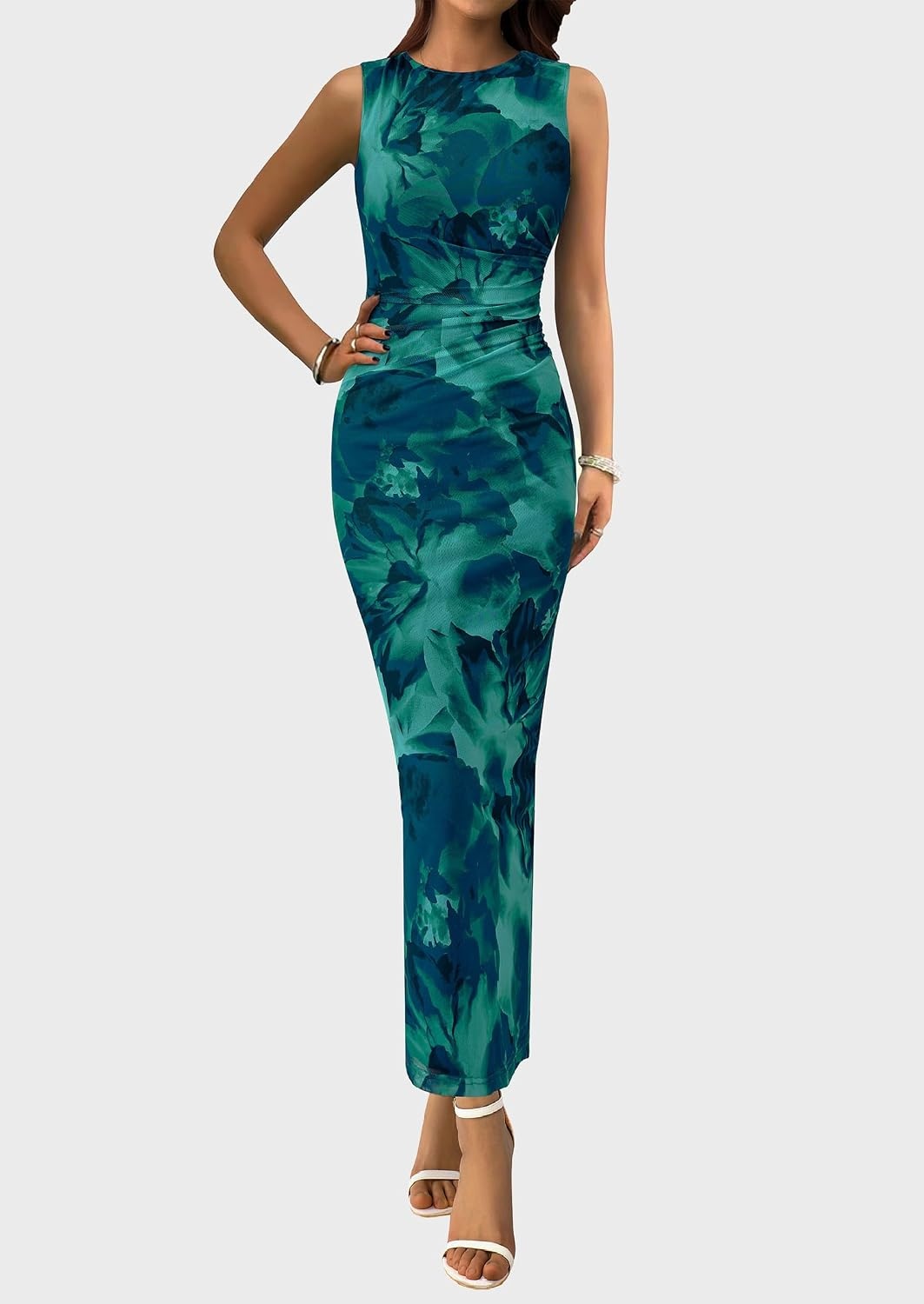 image:imagePRETTYGARDEN Womens Summer Formal Floral Maxi Dress Sleeveless Ruched Bodycon Mesh Long Dresses Elegant Spring Dress for Wedding Guest Bridal Shower Cocktail Party VacationLake Blue Floral
