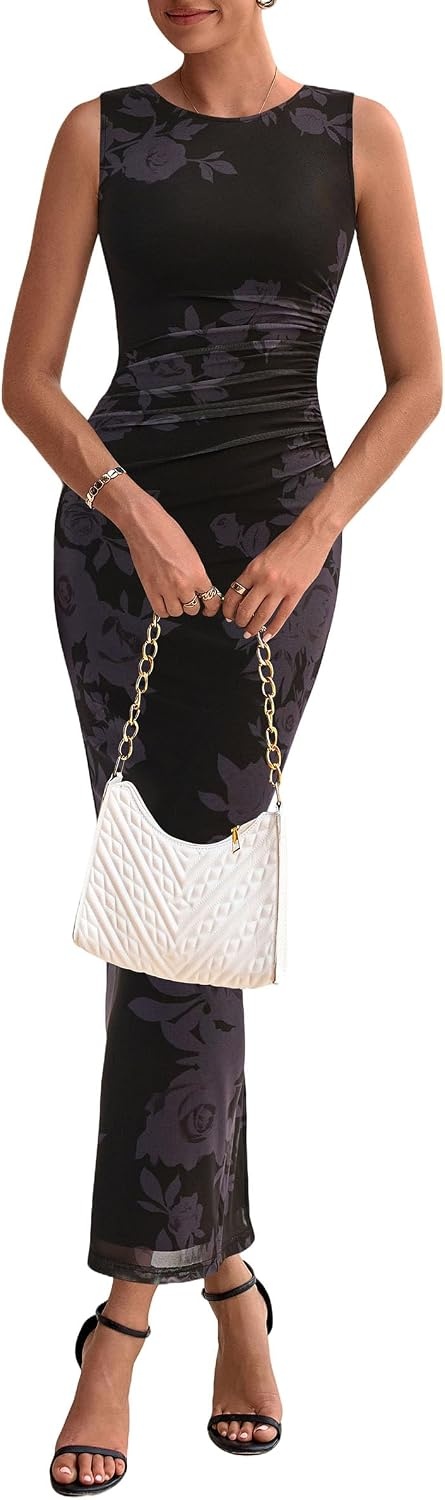 image:imagePRETTYGARDEN Womens Summer Formal Floral Maxi Dress Sleeveless Ruched Bodycon Mesh Long Dresses Elegant Spring Dress for Wedding Guest Bridal Shower Cocktail Party VacationFloral Black