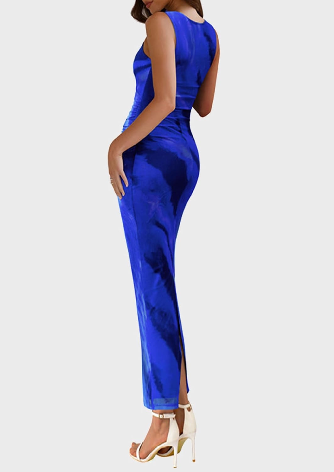 image:imagePRETTYGARDEN Womens Summer Formal Floral Maxi Dress Sleeveless Ruched Bodycon Mesh Long Dresses Elegant Spring Dress for Wedding Guest Bridal Shower Cocktail Party VacationBlue Watercolour
