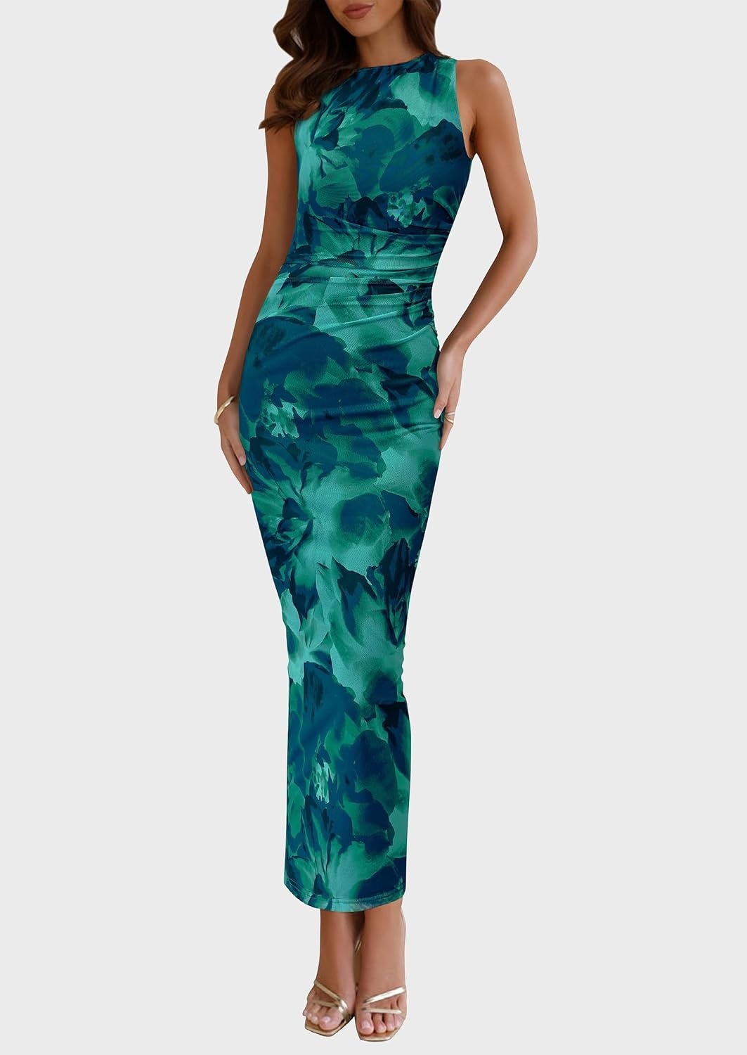 image:imagePRETTYGARDEN Womens Summer Formal Floral Maxi Dress Sleeveless Ruched Bodycon Mesh Long Dresses Elegant Spring Dress for Wedding Guest Bridal Shower Cocktail Party VacationLake Blue Floral