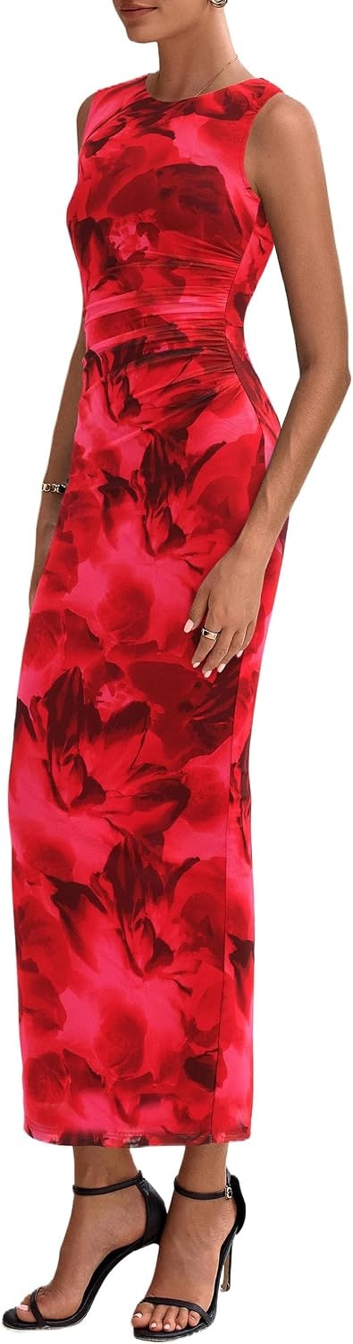 image:imagePRETTYGARDEN Womens Summer Formal Floral Maxi Dress Sleeveless Ruched Bodycon Mesh Long Dresses Elegant Spring Dress for Wedding Guest Bridal Shower Cocktail Party VacationRed Floral