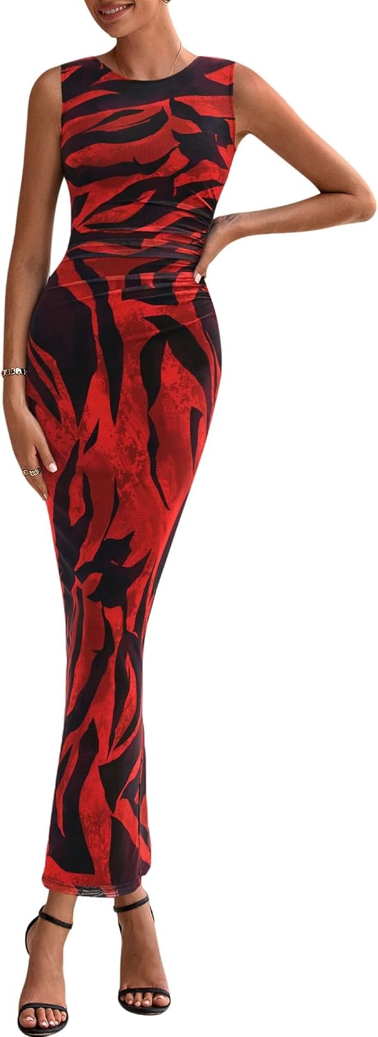 image:imagePRETTYGARDEN Womens Summer Formal Floral Maxi Dress Sleeveless Ruched Bodycon Mesh Long Dresses Elegant Spring Dress for Wedding Guest Bridal Shower Cocktail Party VacationBlack Red Flower