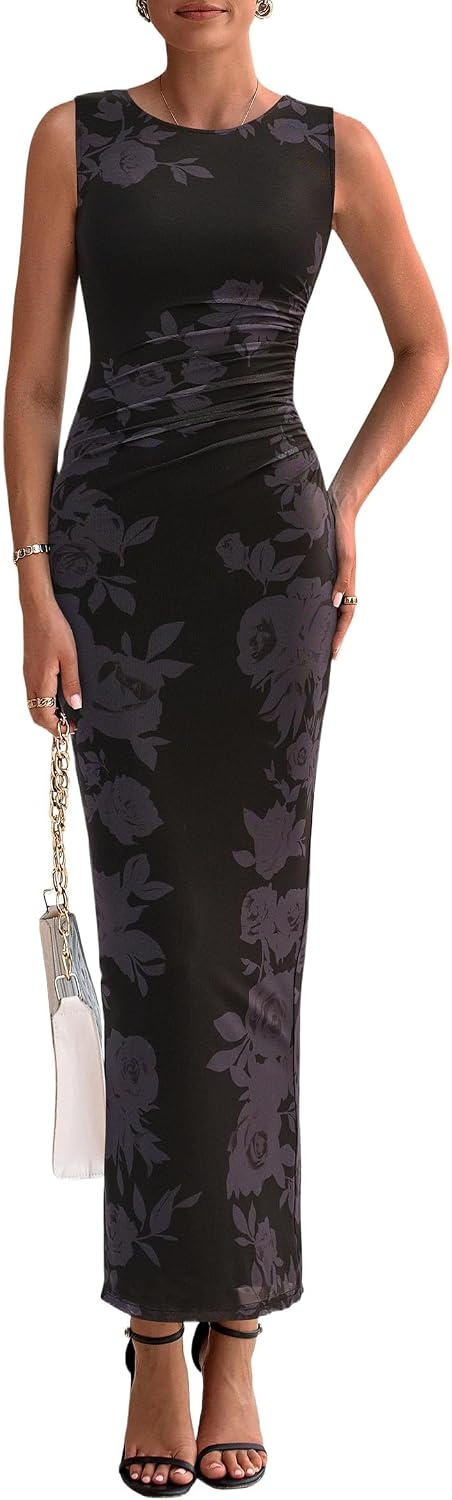 image:imagePRETTYGARDEN Womens Summer Formal Floral Maxi Dress Sleeveless Ruched Bodycon Mesh Long Dresses Elegant Spring Dress for Wedding Guest Bridal Shower Cocktail Party VacationFloral Black