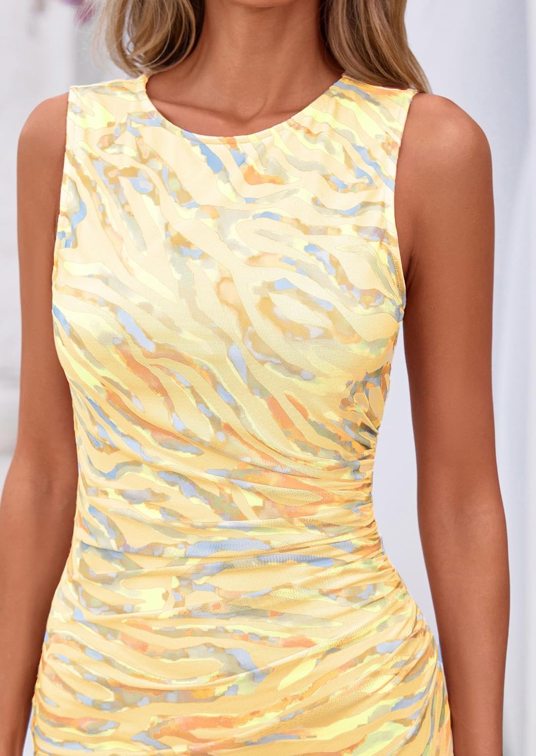 image:imagePRETTYGARDEN Womens Summer Formal Floral Maxi Dress Sleeveless Ruched Bodycon Mesh Long Dresses Elegant Spring Dress for Wedding Guest Bridal Shower Cocktail Party VacationFloral Yellow