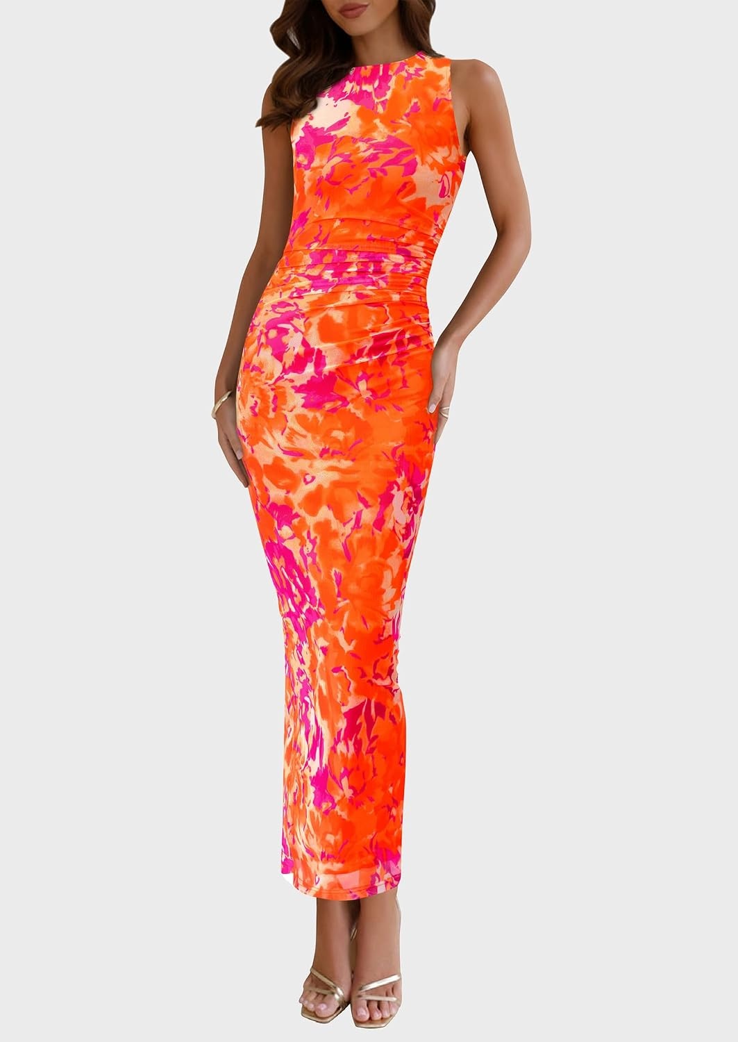 image:imagePRETTYGARDEN Womens Summer Formal Floral Maxi Dress Sleeveless Ruched Bodycon Mesh Long Dresses Elegant Spring Dress for Wedding Guest Bridal Shower Cocktail Party VacationFloral Orange
