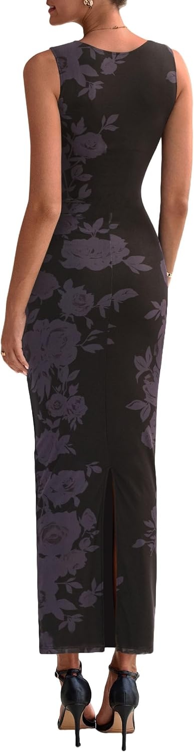 image:imagePRETTYGARDEN Womens Summer Formal Floral Maxi Dress Sleeveless Ruched Bodycon Mesh Long Dresses Elegant Spring Dress for Wedding Guest Bridal Shower Cocktail Party VacationFloral Black