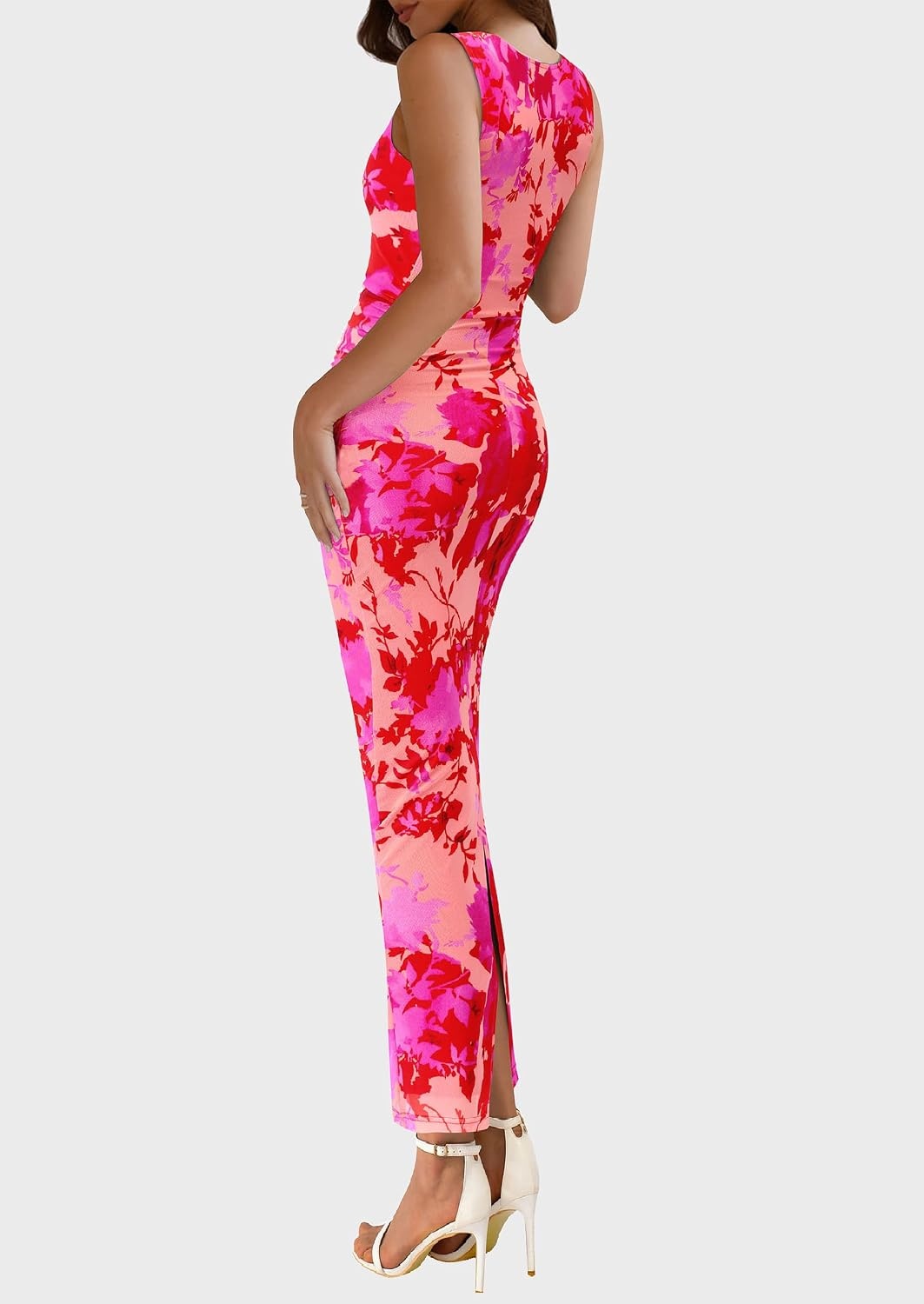 image:imagePRETTYGARDEN Womens Summer Formal Floral Maxi Dress Sleeveless Ruched Bodycon Mesh Long Dresses Elegant Spring Dress for Wedding Guest Bridal Shower Cocktail Party VacationPink Floral