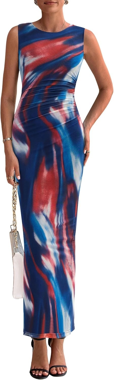 image:imagePRETTYGARDEN Womens Summer Formal Floral Maxi Dress Sleeveless Ruched Bodycon Mesh Long Dresses Elegant Spring Dress for Wedding Guest Bridal Shower Cocktail Party VacationFloral Grey Blue