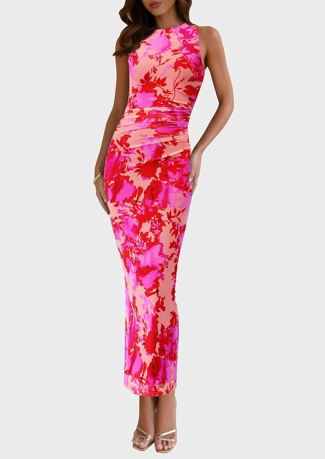 image:imagePRETTYGARDEN Womens Summer Formal Floral Maxi Dress Sleeveless Ruched Bodycon Mesh Long Dresses Elegant Spring Dress for Wedding Guest Bridal Shower Cocktail Party VacationPink Floral