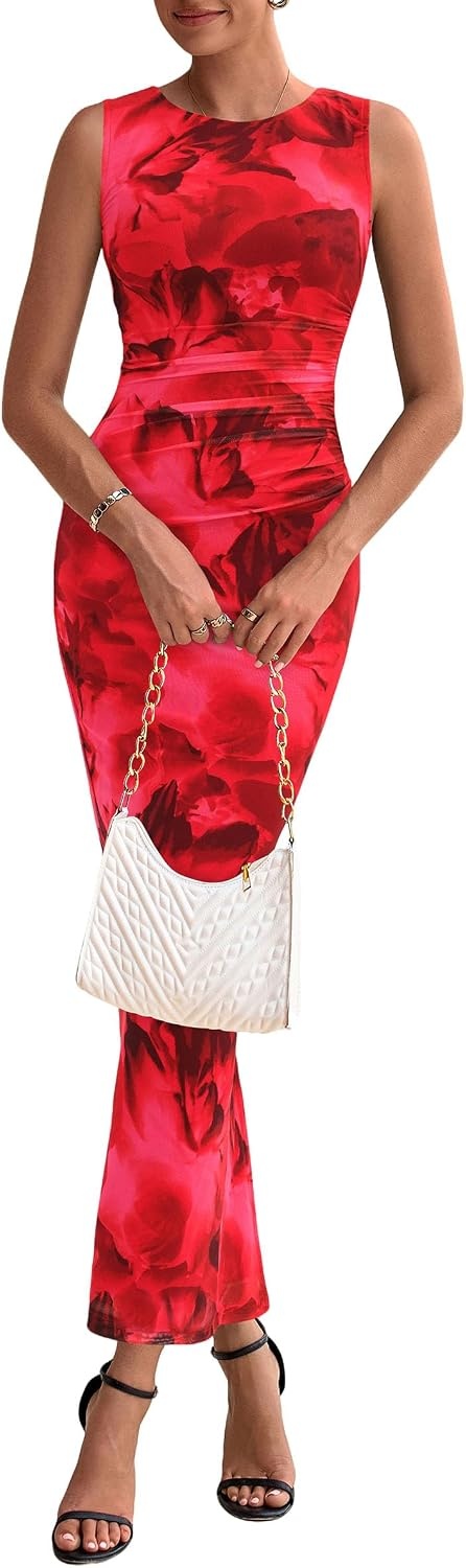 image:imagePRETTYGARDEN Womens Summer Formal Floral Maxi Dress Sleeveless Ruched Bodycon Mesh Long Dresses Elegant Spring Dress for Wedding Guest Bridal Shower Cocktail Party VacationRed Floral
