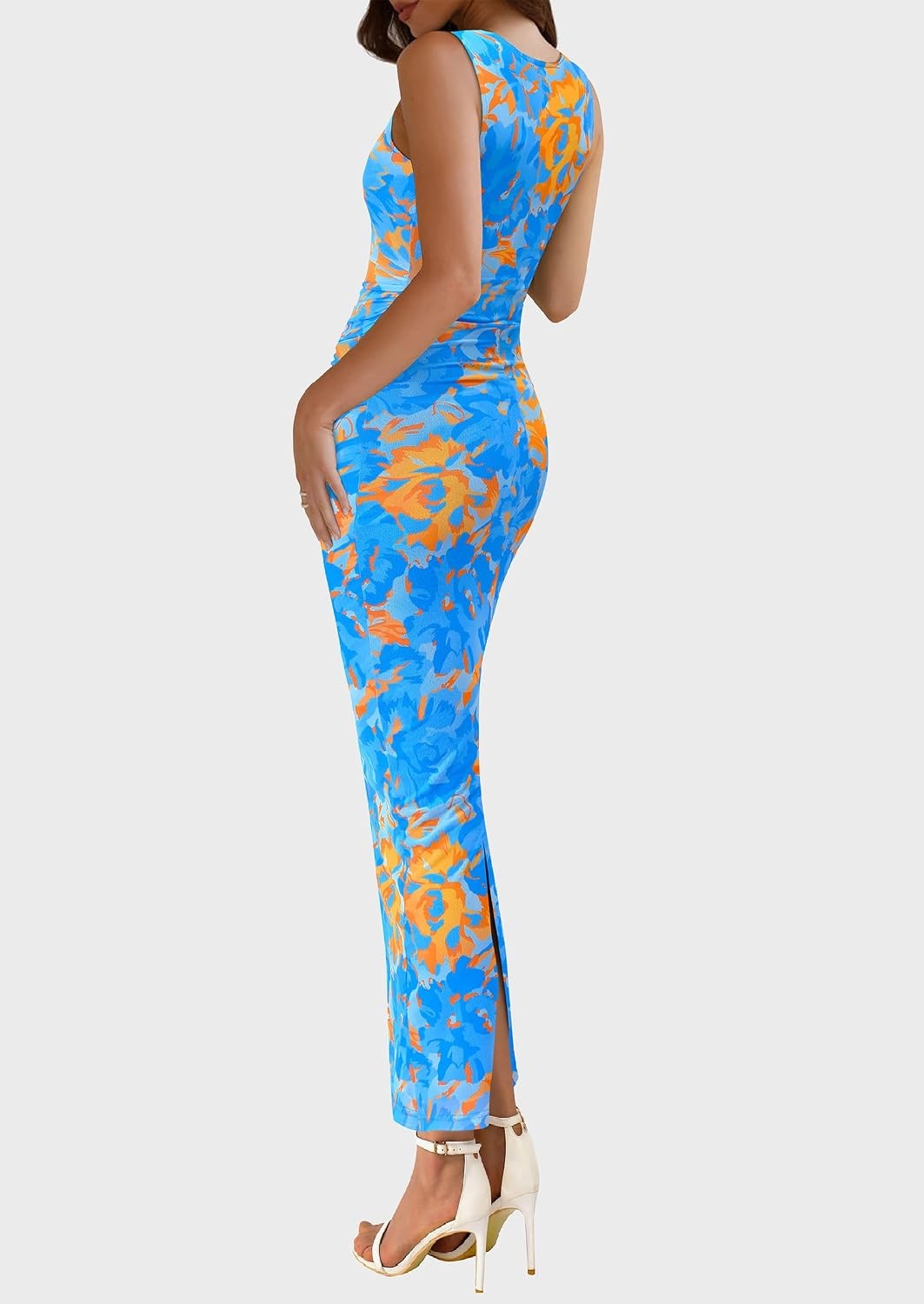 image:imagePRETTYGARDEN Womens Summer Formal Floral Maxi Dress Sleeveless Ruched Bodycon Mesh Long Dresses Elegant Spring Dress for Wedding Guest Bridal Shower Cocktail Party VacationFloral Blue