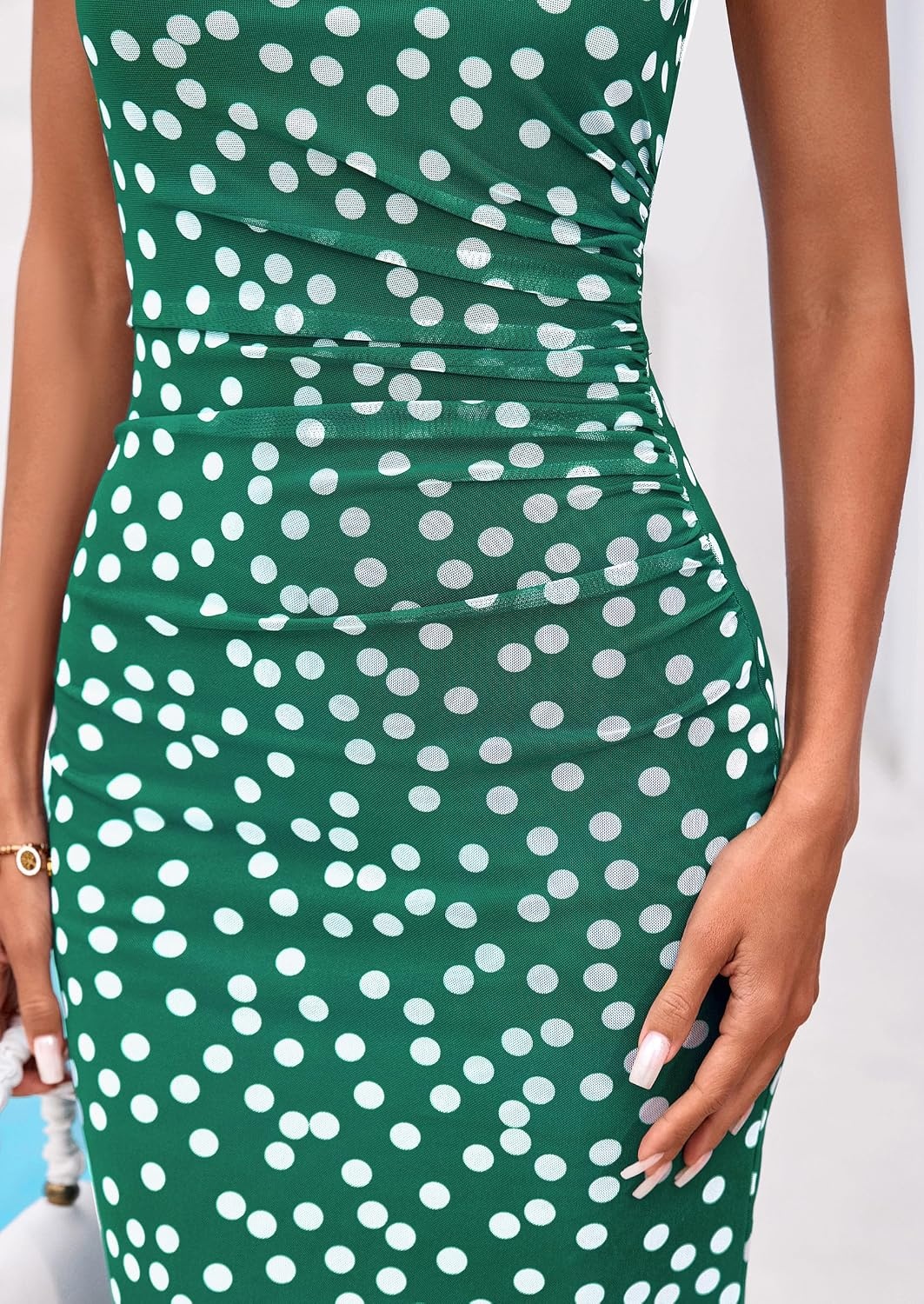 image:imagePRETTYGARDEN Womens Summer Formal Floral Maxi Dress Sleeveless Ruched Bodycon Mesh Long Dresses Elegant Spring Dress for Wedding Guest Bridal Shower Cocktail Party VacationDot Green