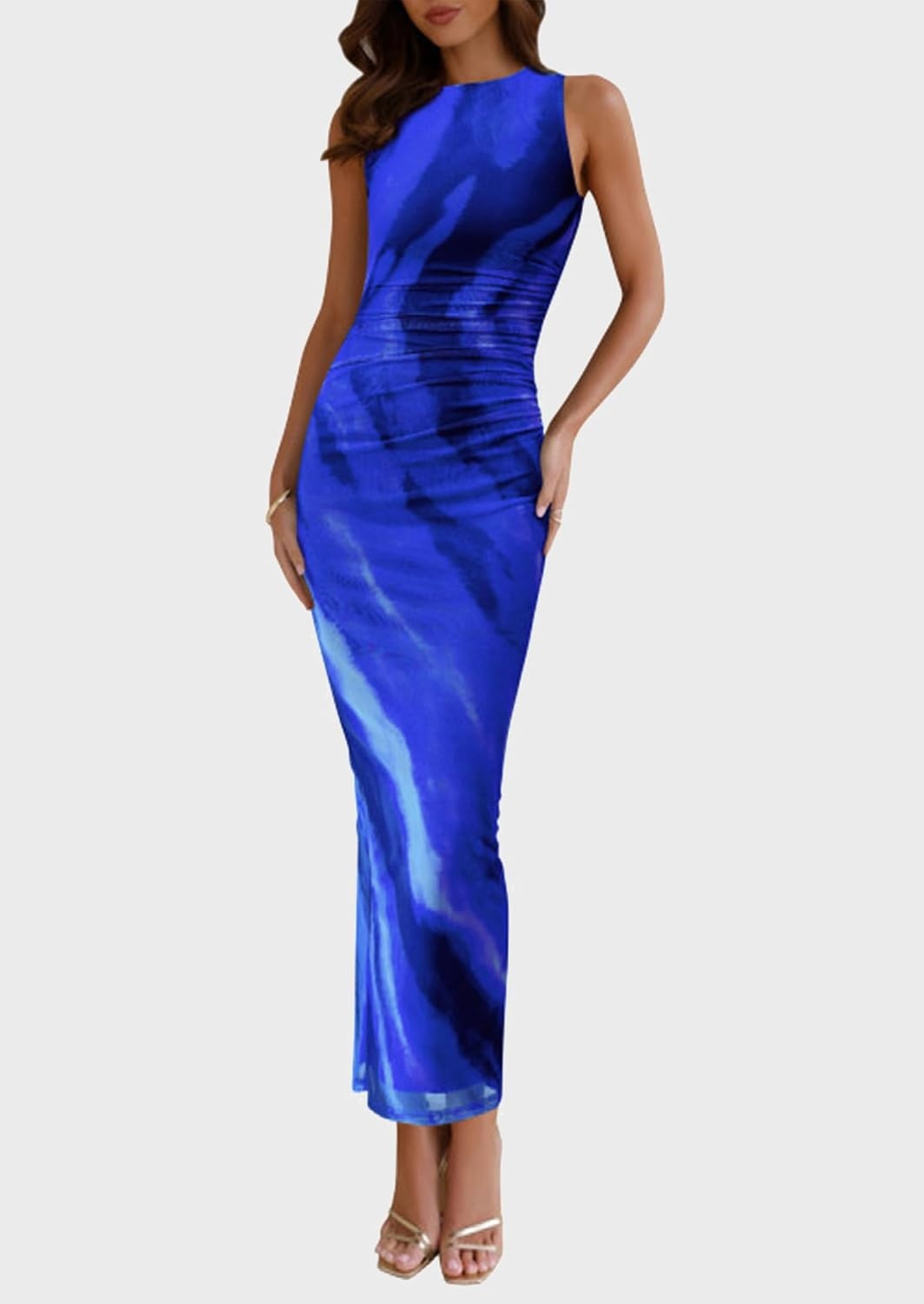 image:imagePRETTYGARDEN Womens Summer Formal Floral Maxi Dress Sleeveless Ruched Bodycon Mesh Long Dresses Elegant Spring Dress for Wedding Guest Bridal Shower Cocktail Party VacationBlue Watercolour