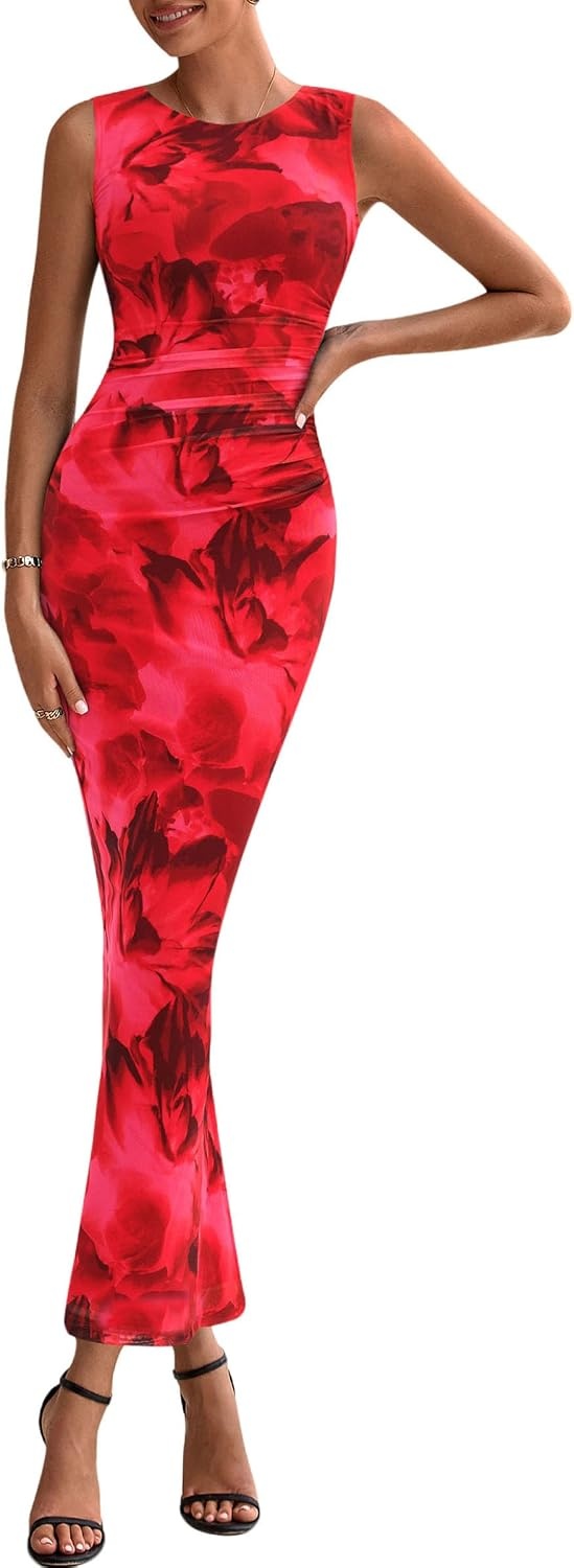 image:imagePRETTYGARDEN Womens Summer Formal Floral Maxi Dress Sleeveless Ruched Bodycon Mesh Long Dresses Elegant Spring Dress for Wedding Guest Bridal Shower Cocktail Party VacationRed Floral