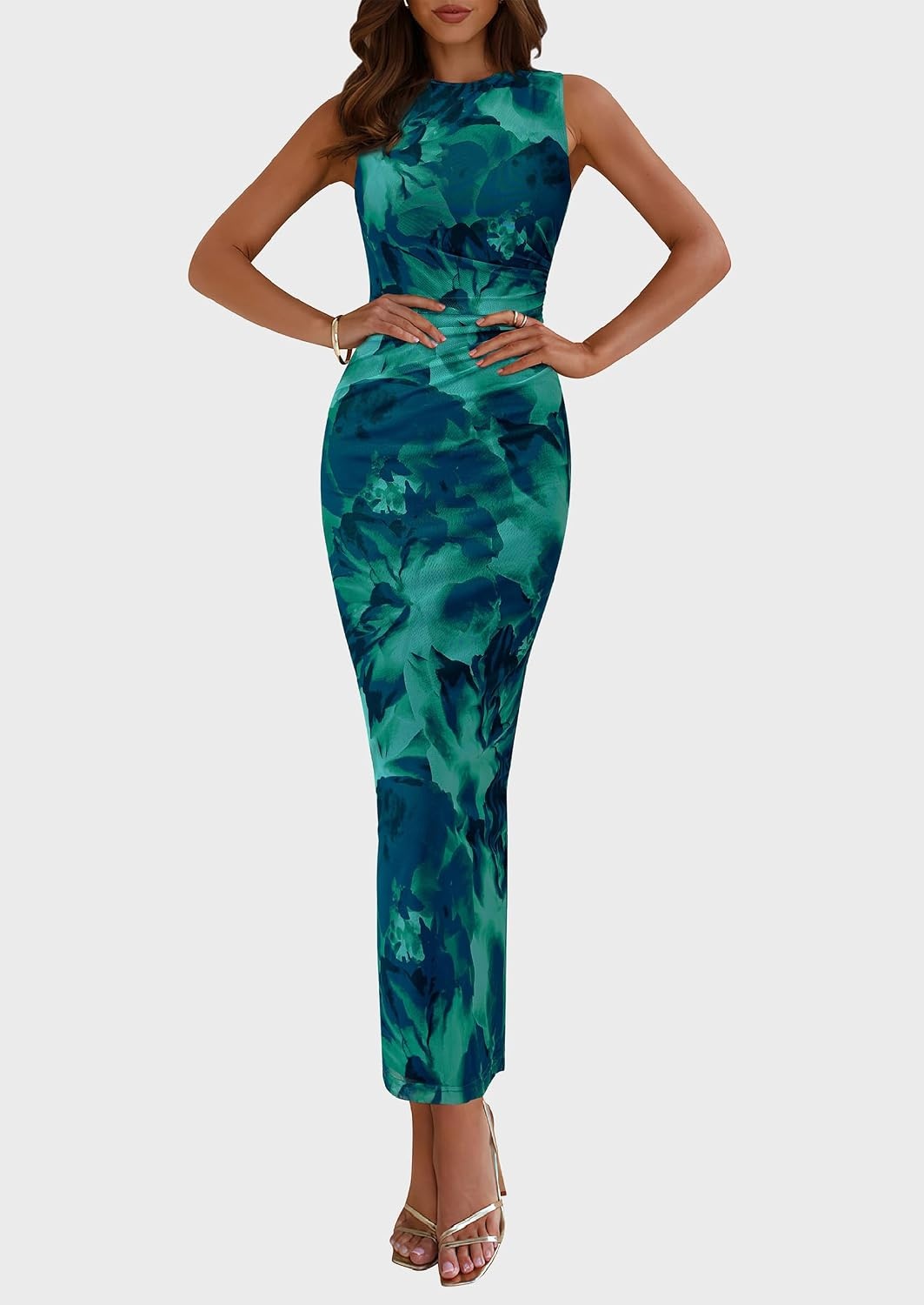 image:imagePRETTYGARDEN Womens Summer Formal Floral Maxi Dress Sleeveless Ruched Bodycon Mesh Long Dresses Elegant Spring Dress for Wedding Guest Bridal Shower Cocktail Party VacationLake Blue Floral