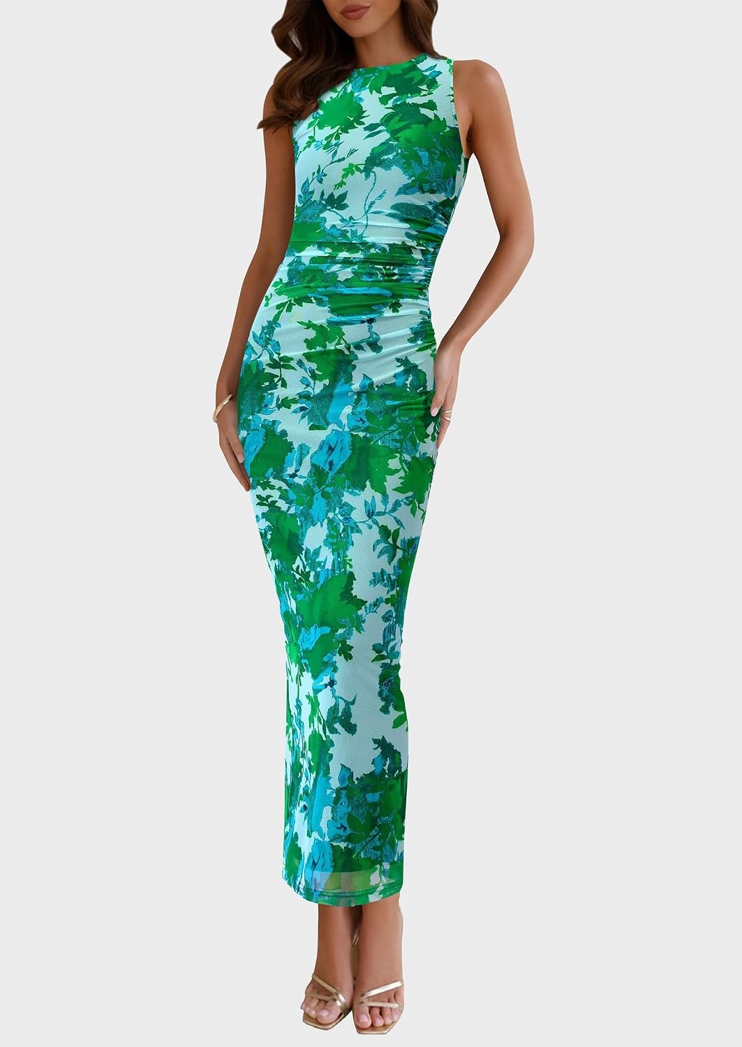 image:imagePRETTYGARDEN Womens Summer Formal Floral Maxi Dress Sleeveless Ruched Bodycon Mesh Long Dresses Elegant Spring Dress for Wedding Guest Bridal Shower Cocktail Party VacationGreen Floral