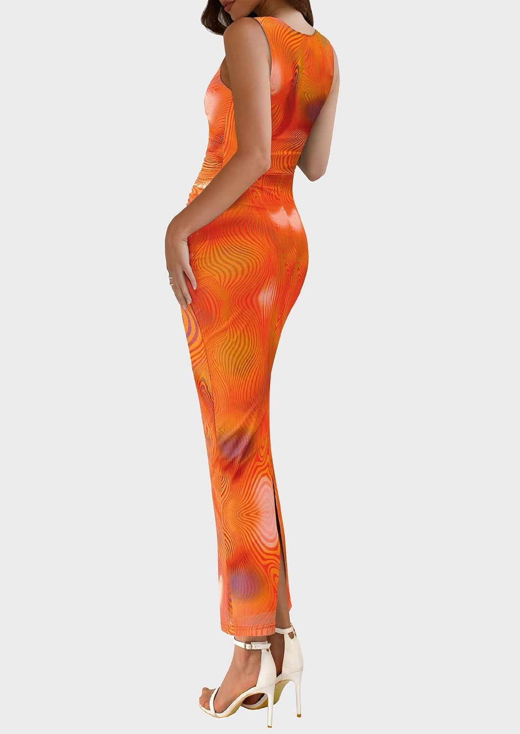image:imagePRETTYGARDEN Womens Summer Formal Floral Maxi Dress Sleeveless Ruched Bodycon Mesh Long Dresses Elegant Spring Dress for Wedding Guest Bridal Shower Cocktail Party VacationPrint Orange