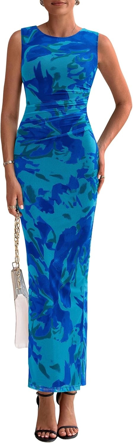 image:imagePRETTYGARDEN Womens Summer Formal Floral Maxi Dress Sleeveless Ruched Bodycon Mesh Long Dresses Elegant Spring Dress for Wedding Guest Bridal Shower Cocktail Party VacationGreen Blue Flower