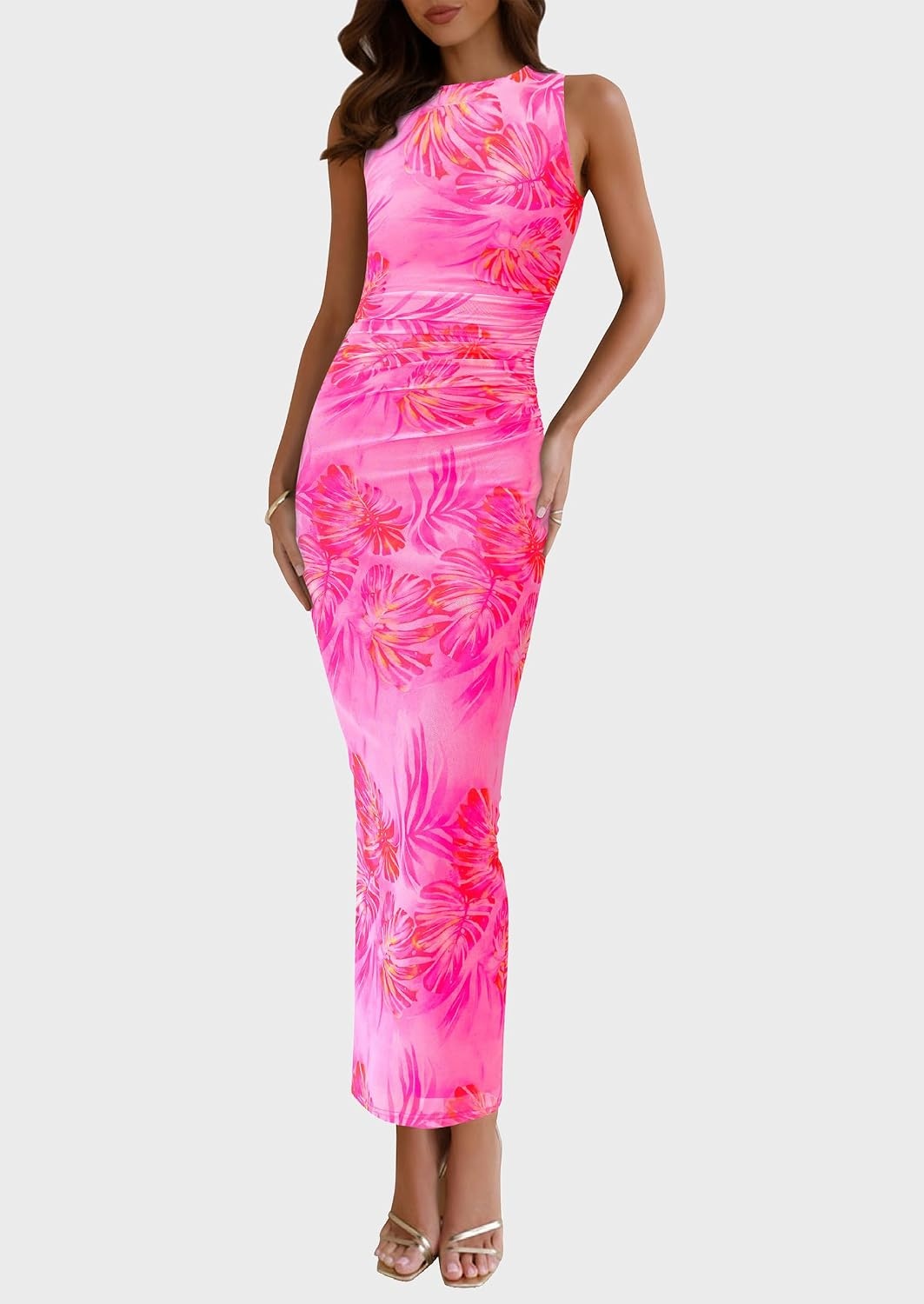image:imagePRETTYGARDEN Womens Summer Formal Floral Maxi Dress Sleeveless Ruched Bodycon Mesh Long Dresses Elegant Spring Dress for Wedding Guest Bridal Shower Cocktail Party VacationLeaves Pink