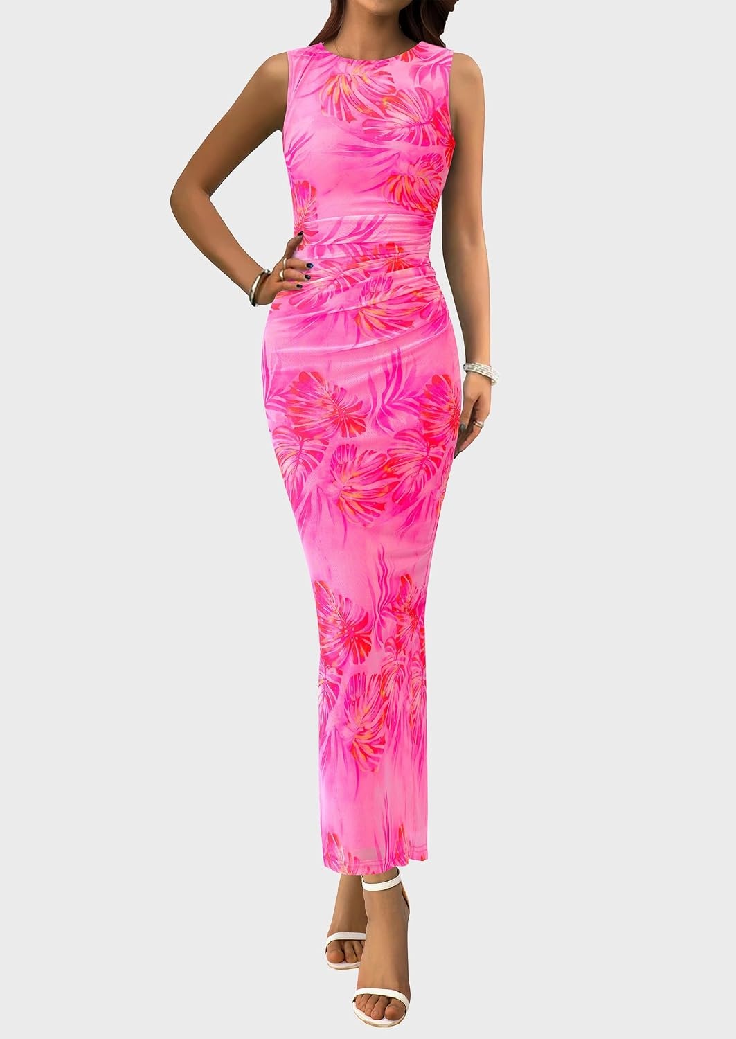 image:imagePRETTYGARDEN Womens Summer Formal Floral Maxi Dress Sleeveless Ruched Bodycon Mesh Long Dresses Elegant Spring Dress for Wedding Guest Bridal Shower Cocktail Party VacationLeaves Pink