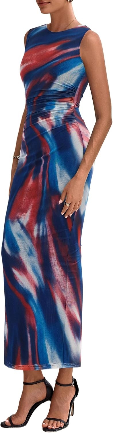 image:imagePRETTYGARDEN Womens Summer Formal Floral Maxi Dress Sleeveless Ruched Bodycon Mesh Long Dresses Elegant Spring Dress for Wedding Guest Bridal Shower Cocktail Party VacationFloral Grey Blue