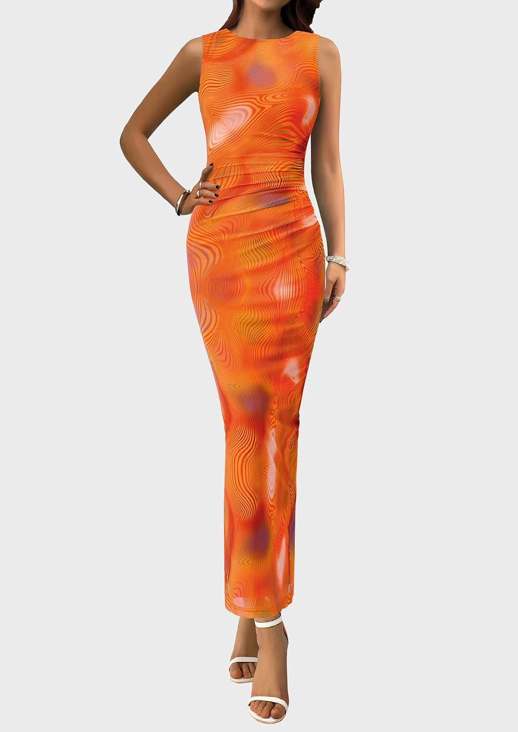 image:imagePRETTYGARDEN Womens Summer Formal Floral Maxi Dress Sleeveless Ruched Bodycon Mesh Long Dresses Elegant Spring Dress for Wedding Guest Bridal Shower Cocktail Party VacationPrint Orange