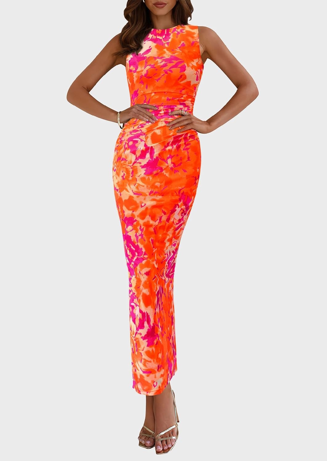 image:imagePRETTYGARDEN Womens Summer Formal Floral Maxi Dress Sleeveless Ruched Bodycon Mesh Long Dresses Elegant Spring Dress for Wedding Guest Bridal Shower Cocktail Party VacationFloral Orange