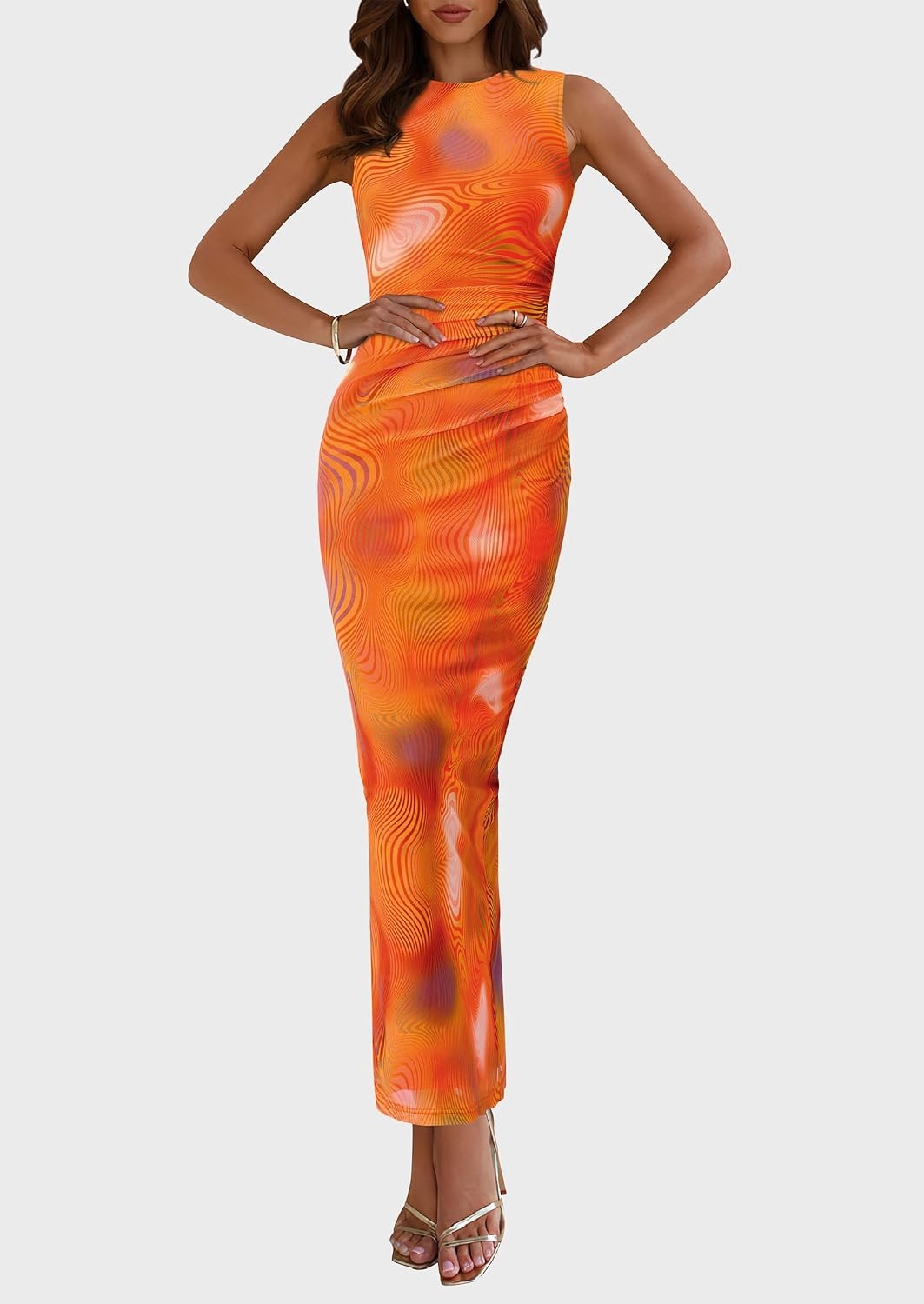 image:imagePRETTYGARDEN Womens Summer Formal Floral Maxi Dress Sleeveless Ruched Bodycon Mesh Long Dresses Elegant Spring Dress for Wedding Guest Bridal Shower Cocktail Party VacationPrint Orange