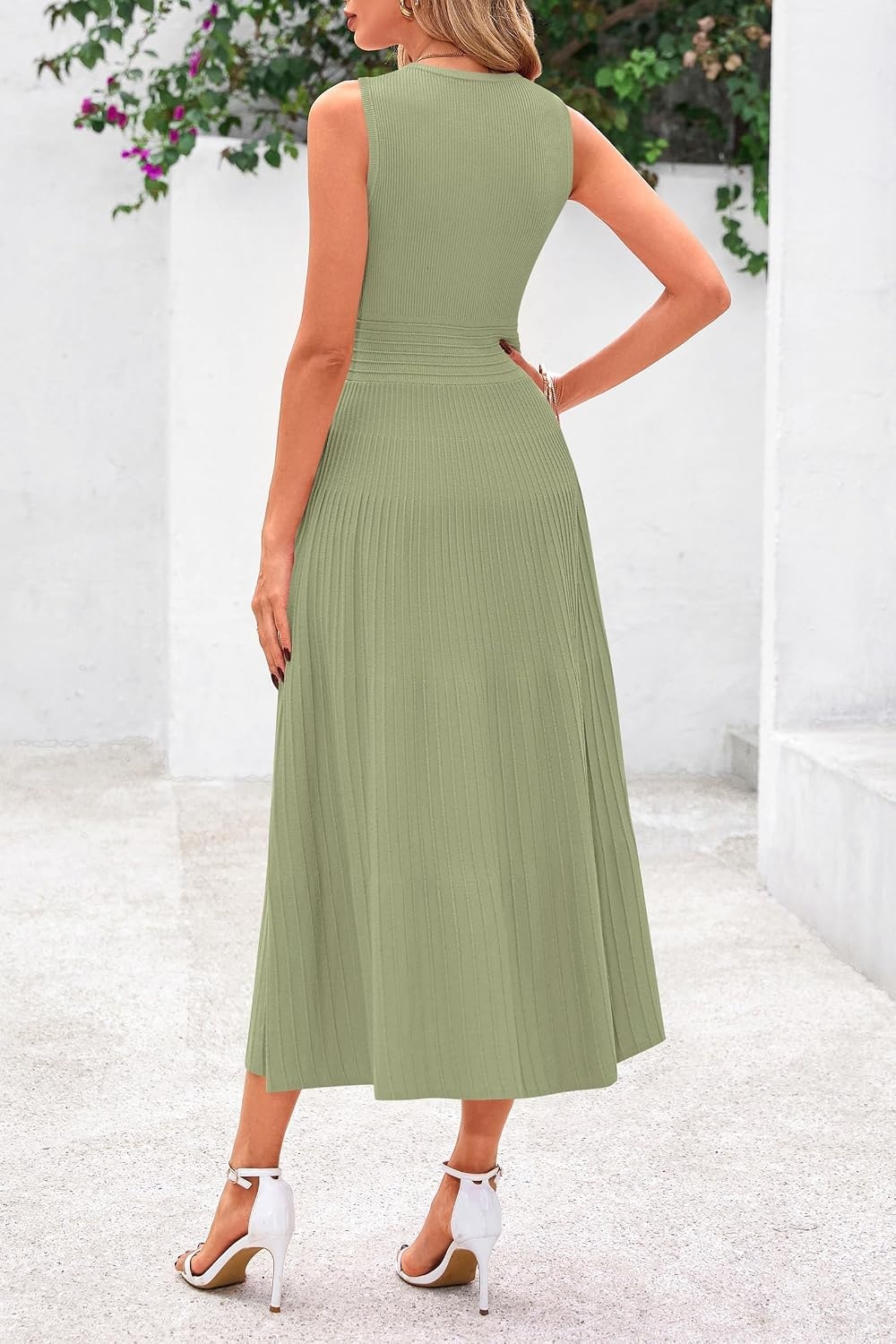 image:imagePRETTYGARDEN Womens Summer Pleated Midi Work Dress Sleeveless A Line Knit Business Dresses Spring Semi Formal Long Dress for Wedding Guest Cocktail Party Teacher OutfitsMist Green
